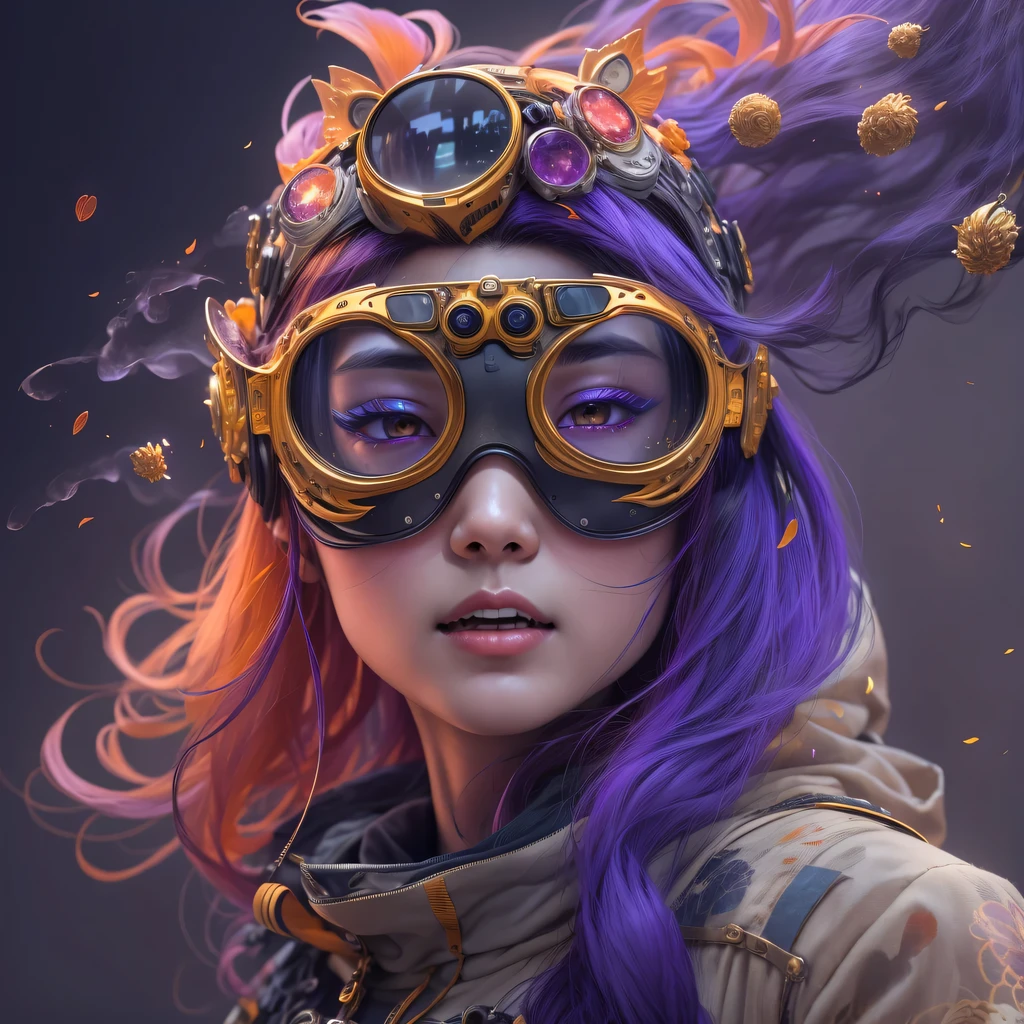 Chapter 3679 The Year of Cyberpunk(masterpiece,HD,超HD,32k lotus root starch)Bright purple flowing hair,autumn pond, lotus root starch color, Asian (Michiko), (silk scarf), fighting stance, looking at the ground, Orange gradient long hair, ((Thick frame reflective jade windproof goggles))Floating bright purple, Fire cloud gold headdress, Chinese long-sleeved gold silk garment, (Abstract ink splash:1.2),mars background,lotus(realistically:1.4),bright purple hair,Smoke on the road,The background is very ivory、pure, high resolution, Detailed wind protection goggles, RAW photos lotus root starch, Sharp Re, Nikon D850 film photo by Jefferies Lee 4 Kodak Portra 400 camera F1.6 guns, rich and colorful, Super real、Vivid textures, dramatic lighting, Unreal Engine Art Station Trend, Silicon Nest 800