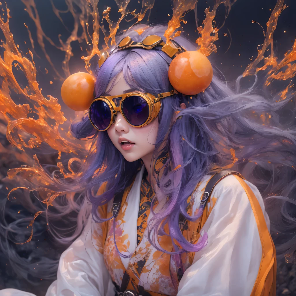 Chapter 3679 The Year of Cyberpunk（masterpiece，HD，超HD，32k lotus root starch）Bright purple flowing hair，autumn pond， lotus root starch color， Asian （Michiko）， （silk scarf）， fighting stance， looking at the ground， Orange gradient long hair， ((Thick frame reflective jade windproof goggles))Floating bright purple， Fire cloud gold headdress， Chinese long-sleeved gold silk garment， （Abstract ink splash：1.2），mars background，lotus（realistically：1.4），bright purple hair，Smoke on the road，The background is very ivory、pure， high resolution， Detailed wind protection goggles， RAW photos lotus root starch， Sharp Re， Nikon D850 film photo by Jefferies Lee 4 Kodak Portra 400 camera F1.6 guns, rich and colorful, Super real、Vivid textures, dramatic lighting, Unreal Engine Art Station Trend, Silicon Nest 800