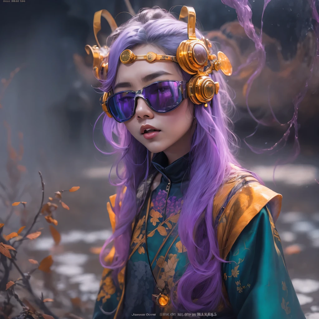 Chapter 3679 The Year of Cyberpunk(masterpiece,HD,超HD,32k lotus root starch)Bright purple flowing hair,autumn pond, lotus root starch color, Asian (Michiko), (silk scarf), fighting stance, looking at the ground, Orange gradient long hair, ((Thick frame reflective jade windproof goggles))Floating bright purple, Fire cloud gold headdress, Chinese long-sleeved gold silk garment, (Abstract ink splash:1.2),mars background,lotus(realistically:1.4),bright purple hair,Smoke on the road,The background is very ivory、pure, high resolution, Detailed wind protection goggles, RAW photos lotus root starch, Sharp Re, Nikon D850 film photo by Jefferies Lee 4 Kodak Portra 400 camera F1.6 guns, rich and colorful, Super real、Vivid textures, dramatic lighting, Unreal Engine Art Station Trend, Silicon Nest 800