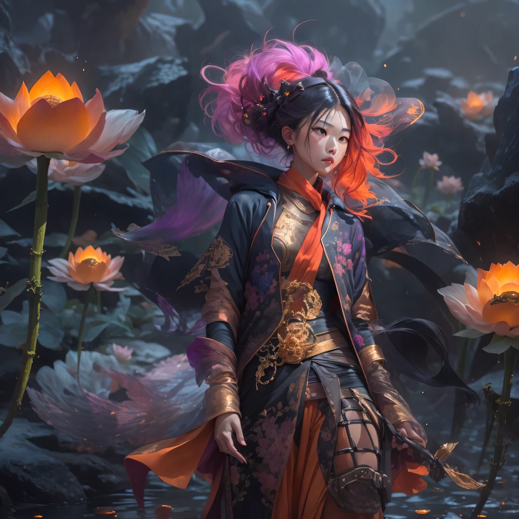 Chapter 3679 The Year of Cyberpunk(masterpiece,HD,超HD,32k lotus root starch)Bright purple flowing hair,autumn pond, lotus root starch color, Asian (Michiko), (silk scarf), fighting stance, looking at the ground, Orange gradient long hair, ((Thick frame reflective jade windproof goggles))Floating bright purple, Fire cloud gold headdress, Chinese long-sleeved gold silk garment, (Abstract ink splash:1.2),mars background,lotus(realistically:1.4),bright purple hair,Smoke on the road,The background is very ivory、pure, high resolution, Detailed wind protection goggles, RAW photos lotus root starch, Sharp Re, Nikon D850 film photo by Jefferies Lee 4 Kodak Portra 400 camera F1.6 guns, rich and colorful, Super real、Vivid textures, dramatic lighting, Unreal Engine Art Station Trend, Silicon Nest 800
