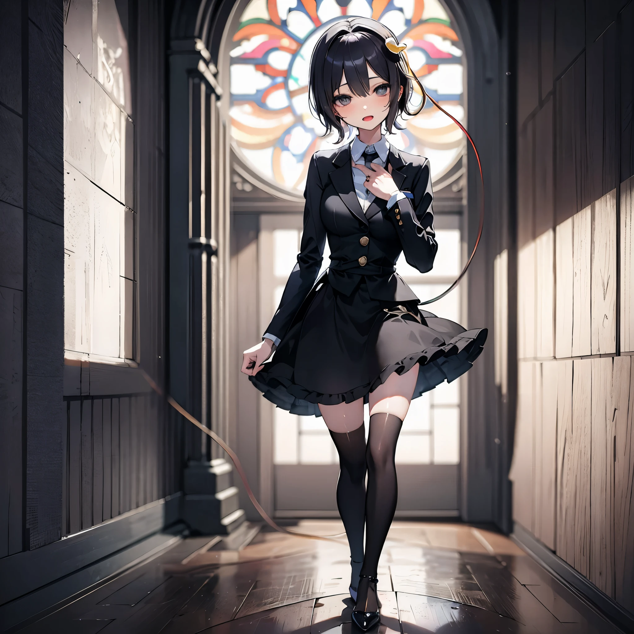 (Satori toho character:1.1), (solo), (standing), (stained glass), BREAK, short hair, large perky breasts, (inconceivably short torso), (inconceivably thin waist:1.2), (very long legs), BREAK, (tight black blazer:1.3), (black thighhighs:1.35), (very short black high-waist skirt:1.35) cinches waist too tight, (highheels), BREAK, nose blush, sad smile, open mouth, BREAK, masterpiece, ultra-detailed, ultra high resolution, full body