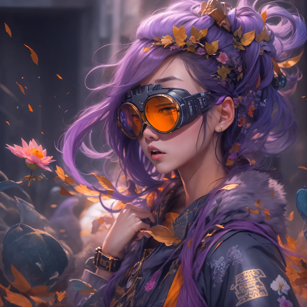 Chapter 3679 The Year of Cyberpunk(masterpiece,HD,超HD,32k lotus root starch)Bright purple flowing hair,autumn pond, lotus root starch color, Asian (Michiko), (silk scarf), fighting stance, looking at the ground, Orange gradient long hair, ((Thick frame reflective jade windproof goggles))Floating bright purple, Fire cloud gold headdress, Chinese long-sleeved gold silk garment, (Abstract ink splash:1.2),mars background,lotus(realistically:1.4),bright purple hair,Smoke on the road,The background is very ivory、pure, high resolution, Detailed wind protection goggles, RAW photos lotus root starch, Sharp Re, Nikon D850 film photo by Jefferies Lee 4 Kodak Portra 400 camera F1.6 guns, rich and colorful, Super real、Vivid textures, dramatic lighting, Unreal Engine Art Station Trend, Silicon Nest 800