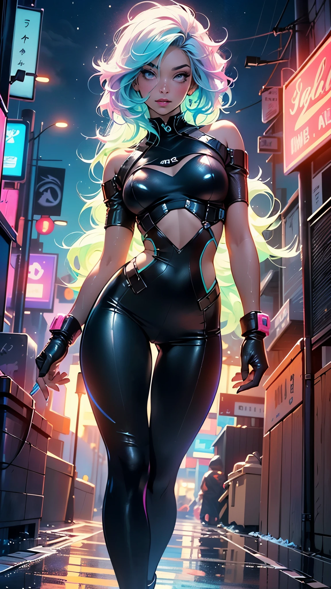 cute cartoon girl,(((1girl))),((extremely cute cartoon girl with liquid paint hair)),

(large breasts:1.4),(((very long hair,absurdly long hair,hair down to the waist,liquid paint hair:1.1,neon purple hair|neon pink hair|neon blue hair|neon aqua hair|purple hair|fuchsia hair|fluorescent blue hair|amethyst hair|neon hair|bright pink hair :1.5,bright hair: 1.3,hair made of paint and defies gravity,thick flowing,paint splatter:1.3,shiny hair: 1.3,vibrant colored hair))),((heterochromia:1.5, (purple_eye and pink_eye))),intricate eyes,beautiful detailed eyes,symmetrical eyes,((fat)),(((lustrous skin:1.5,bright skin: 1.5,skin tanned,shiny skin,very shiny skin,shiny body,plastic glitter skin,exaggerated shiny skin,illuminated skin,wet legs))),(spider lower abdomen,narrow waist,wide hip,athletic body,inflated legs, thick thighs,detailed body,(detailed face)),

cute,slutty,seductive,erotic,(nsfw)

(((liquid paint clothes,clothes made of liquid paint,body paint))),underboob,with liquid paint micro clothes,body paint,dripping paint,liquid pain tiny thong,bare legs,((wet liquid paint clothes,detailed outfit,detailed liquid paint clothes)),

(dynamic pose:1.0),solo focus,embarrassed,(centered,scale to fit dimensions,Rule of thirds),

cyberpunk city by the ocean at night, with bright neon signs and dark stormy clouds and puddles, scenery:1.25,nighttime, starry night, cosmos,Very dark night that makes the neon lights stand out, very bright neon lights,nighttime, starry night, cosmos,

artistic photography,(photography taken by sldr),highres, sharp focus,(ultra detailed, extremely detailed), (photorealistic artwork:1.37),(extremely detailed CG unity 8k wallpaper),((synthwave background theme)),(((vibrant colors))),intricate,(intricate background),(masterpiece),(best quality),perfect rendered face,perfect face details,realistic face,photo realistic,analog style,((intricate detail)),(((realism))),
