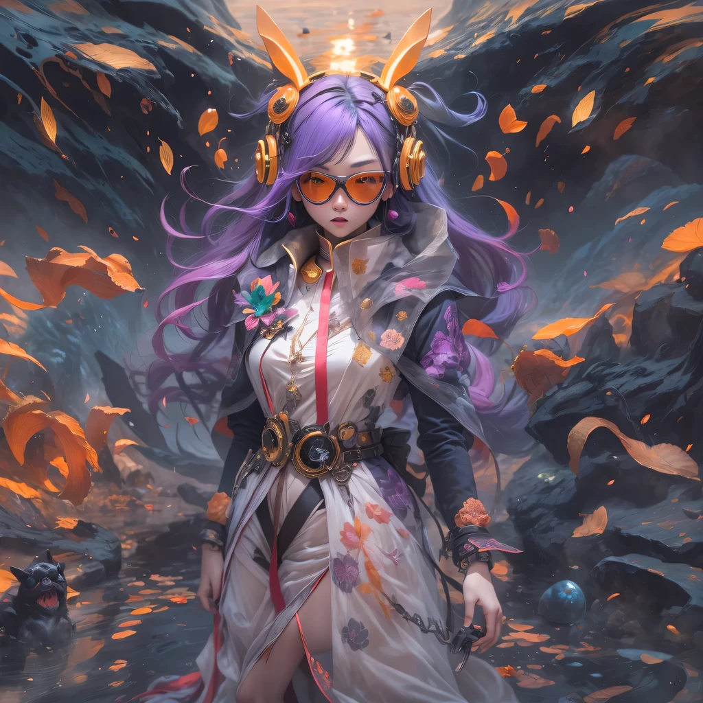 Chapter 3679 The Year of Cyberpunk（masterpiece，HD，超HD，32k lotus root starch）Bright purple flowing hair，autumn pond， lotus root starch color， Asian （Michiko）， （silk scarf）， fighting stance， looking at the ground， Orange gradient long hair， ((Thick frame reflective jade windproof goggles))Floating bright purple， Fire cloud gold headdress， Chinese long-sleeved gold silk garment， （Abstract ink splash：1.2），mars background，lotus（realistically：1.4），bright purple hair，Smoke on the road，The background is very ivory、pure， high resolution， Detailed wind protection goggles， RAW photos lotus root starch， Sharp Re， Nikon D850 film photo by Jefferies Lee 4 Kodak Portra 400 camera F1.6 guns, rich and colorful, Super real、Vivid textures, dramatic lighting, Unreal Engine Art Station Trend, Silicon Nest 800