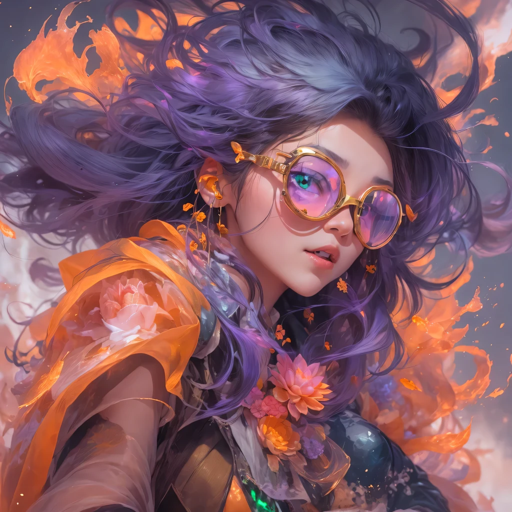 Chapter 3679 The Year of Cyberpunk（masterpiece，HD，超HD，32k lotus root starch）Bright purple flowing hair，autumn pond， lotus root starch color， Asian （Michiko）， （silk scarf）， fighting stance， looking at the ground， Orange gradient long hair， ((Thick frame reflective jade windproof goggles))Floating bright purple， Fire cloud gold headdress， Chinese long-sleeved gold silk garment， （Abstract ink splash：1.2），mars background，lotus（realistically：1.4），bright purple hair，Smoke on the road，The background is very ivory、pure， high resolution， Detailed wind protection goggles， RAW photos lotus root starch， Sharp Re， Nikon D850 film photo by Jefferies Lee 4 Kodak Portra 400 camera F1.6 guns, rich and colorful, Super real、Vivid textures, dramatic lighting, Unreal Engine Art Station Trend, Silicon Nest 800