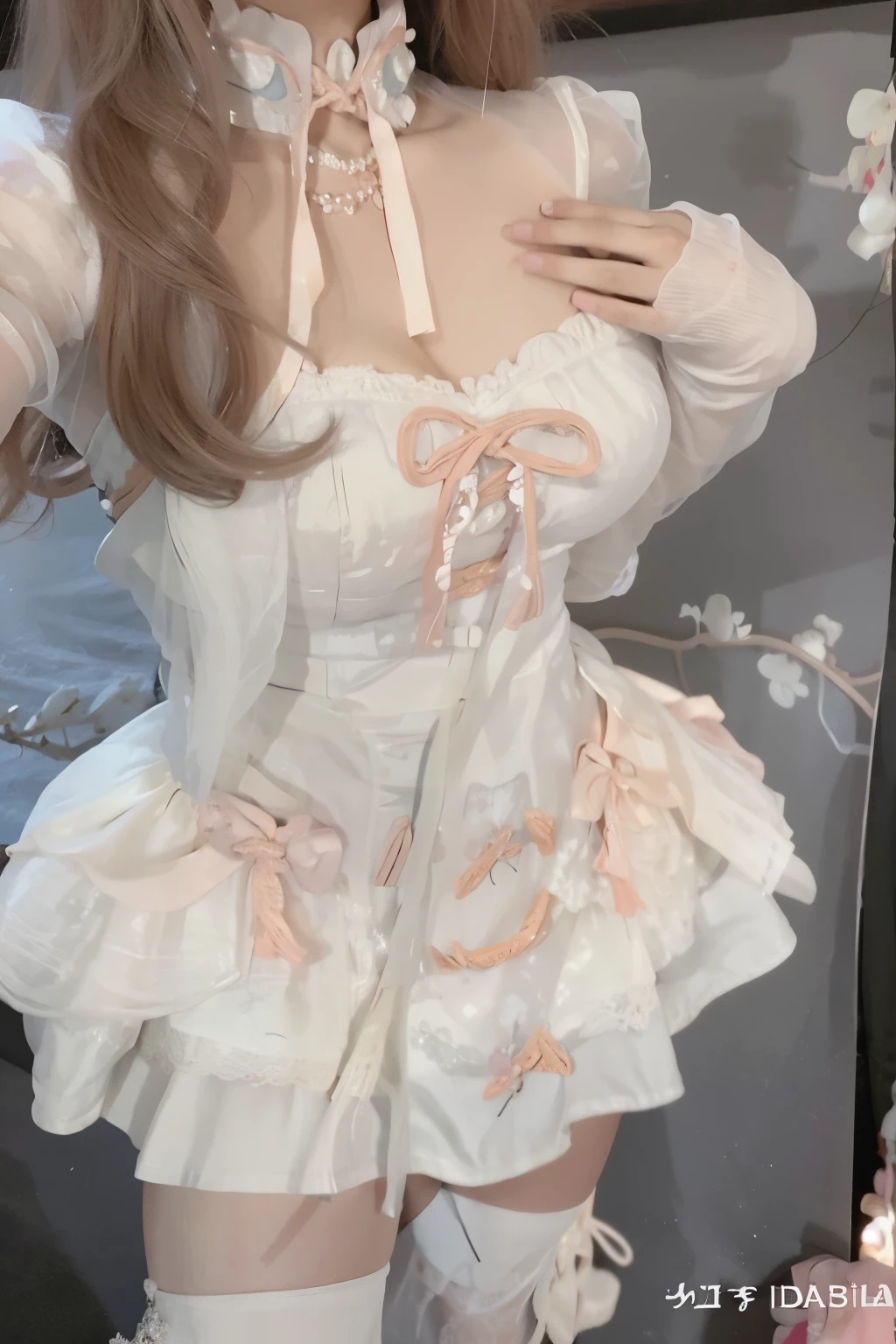 Hay una mujer con un vestido blanco y medias posando para una foto., lechuguillay outfit, Traje blanco hinchado, fantasy costume, estilo ta, angelical bonita, monochrome white color!!!!!, dressed in a lechuguillay ((cord)), moda loliblanco y rosa, vestida de un hermoso blanco, hada, lechuguilla, encantador y lindo, 8k)), Dream style, ive Wonyoung face