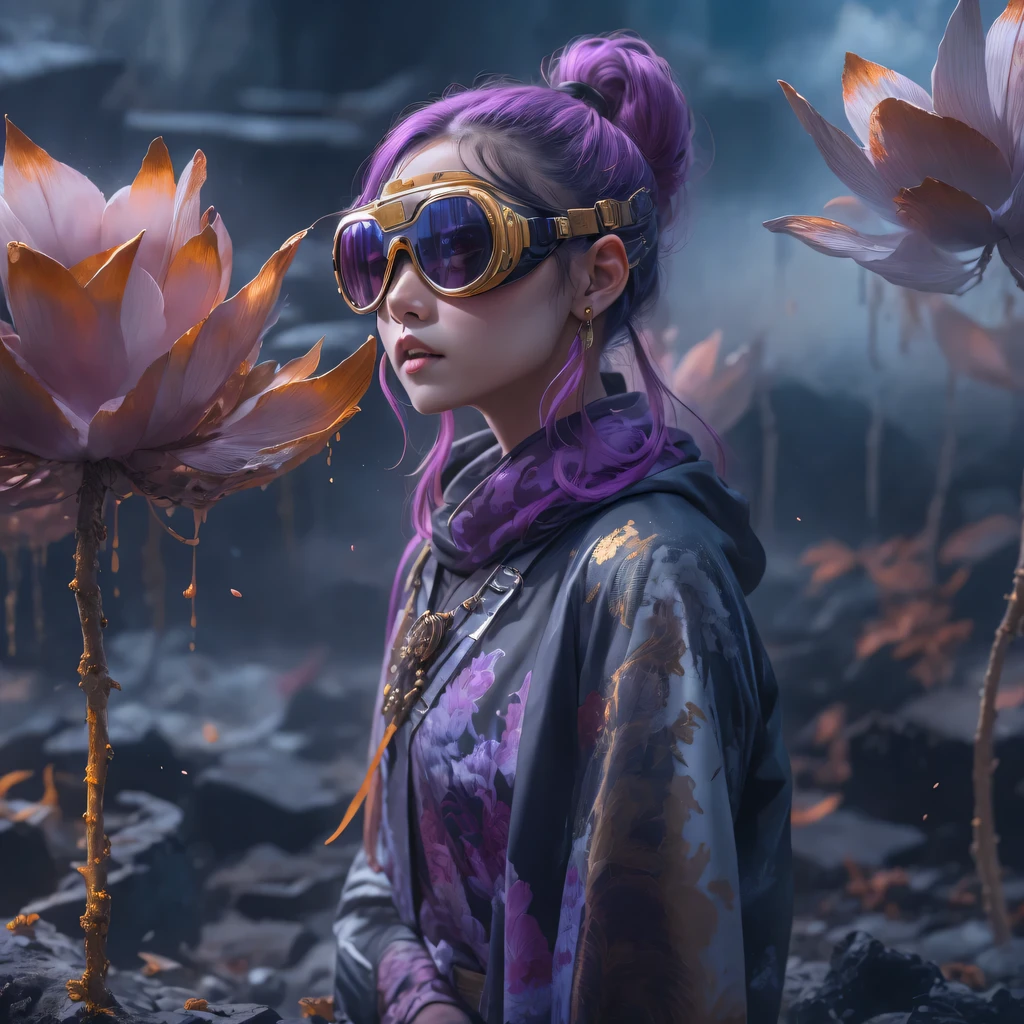Chapter 3679 The Year of Cyberpunk(masterpiece,HD,超HD,32k lotus root starch)Bright purple flowing hair,autumn pond, lotus root starch color, Asian (Michiko), (silk scarf), fighting stance, looking at the ground, Orange gradient long hair, ((Thick frame reflective jade windproof goggles))Floating bright purple, Fire cloud gold headdress, Chinese long-sleeved gold silk garment, (Abstract ink splash:1.2),mars background,lotus(realistically:1.4),bright purple hair,Smoke on the road,The background is very ivory、pure, high resolution, Detailed wind protection goggles, RAW photos lotus root starch, Sharp Re, Nikon D850 film photo by Jefferies Lee 4 Kodak Portra 400 camera F1.6 guns, rich and colorful, Super real、Vivid textures, dramatic lighting, Unreal Engine Art Station Trend, Silicon Nest 800