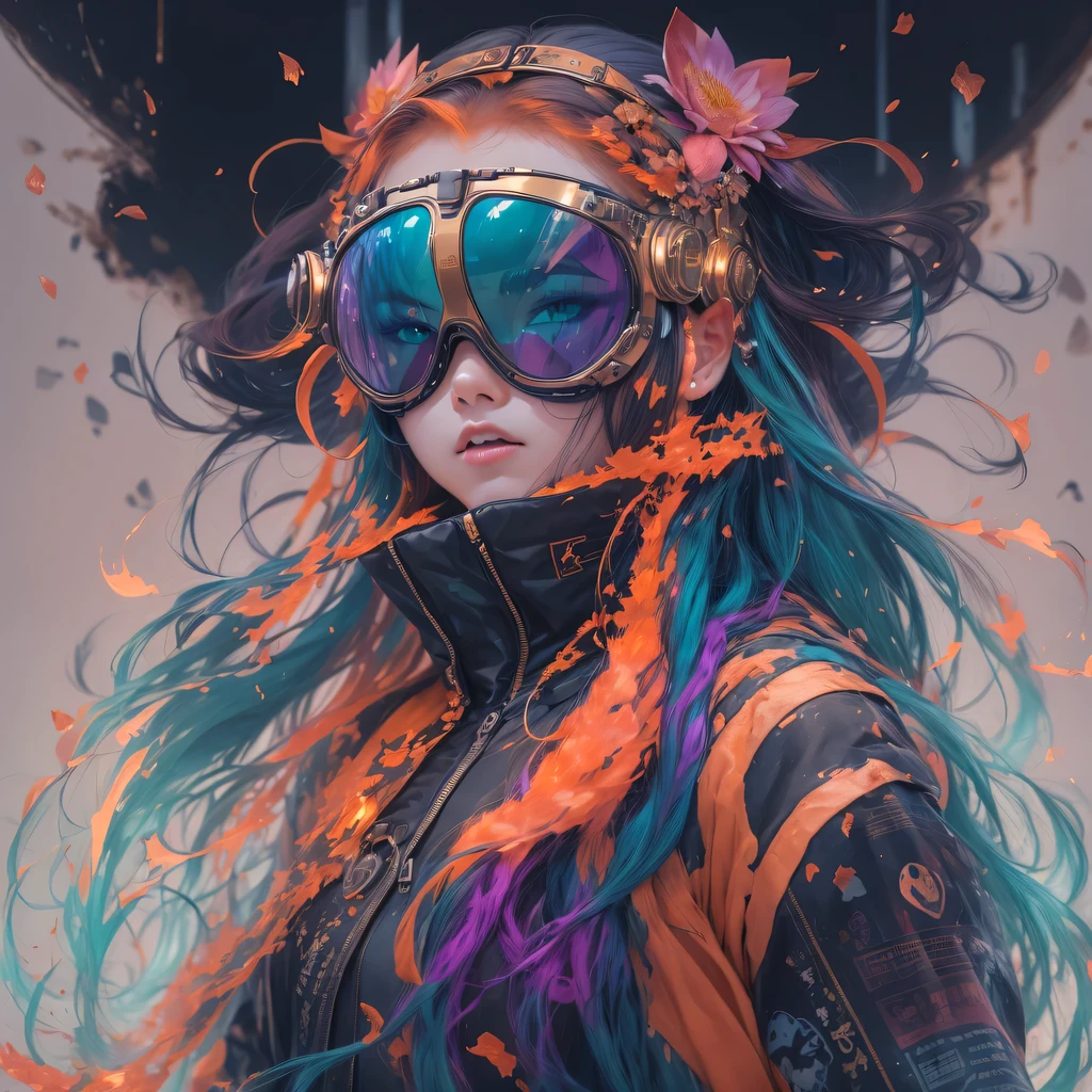 Chapter 3679 The Year of Cyberpunk(masterpiece,HD,超HD,32k lotus root starch)Bright purple flowing hair,autumn pond, lotus root starch color, Asian (Michiko), (silk scarf), fighting stance, looking at the ground, Orange gradient long hair, ((Thick frame reflective jade windproof goggles))Floating bright purple, Fire cloud gold headdress, Chinese long-sleeved gold silk garment, (Abstract ink splash:1.2),mars background,lotus(realistically:1.4),bright purple hair,Smoke on the road,The background is very ivory、pure, high resolution, Detailed wind protection goggles, RAW photos lotus root starch, Sharp Re, Nikon D850 film photo by Jefferies Lee 4 Kodak Portra 400 camera F1.6 guns, rich and colorful, Super real、Vivid textures, dramatic lighting, Unreal Engine Art Station Trend, Silicon Nest 800