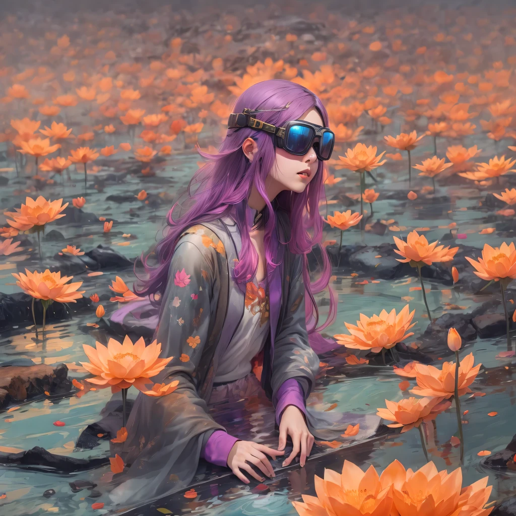 Chapter 3679 The Year of Cyberpunk（masterpiece，HD，超HD，32k lotus root starch）Bright purple flowing hair，autumn pond， lotus root starch color， Asian （Michiko）， （silk scarf）， fighting stance， looking at the ground， Orange gradient long hair， ((Thick frame reflective jade windproof goggles))Floating bright purple， Fire cloud gold headdress， Chinese long-sleeved gold silk garment， （Abstract ink splash：1.2），mars background，lotus（realistically：1.4），bright purple hair，Smoke on the road，The background is very ivory、pure， high resolution， Detailed wind protection goggles， RAW photos lotus root starch， Sharp Re， Nikon D850 film photo by Jefferies Lee 4 Kodak Portra 400 camera F1.6 guns, rich and colorful, Super real、Vivid textures, dramatic lighting, Unreal Engine Art Station Trend, Silicon Nest 800