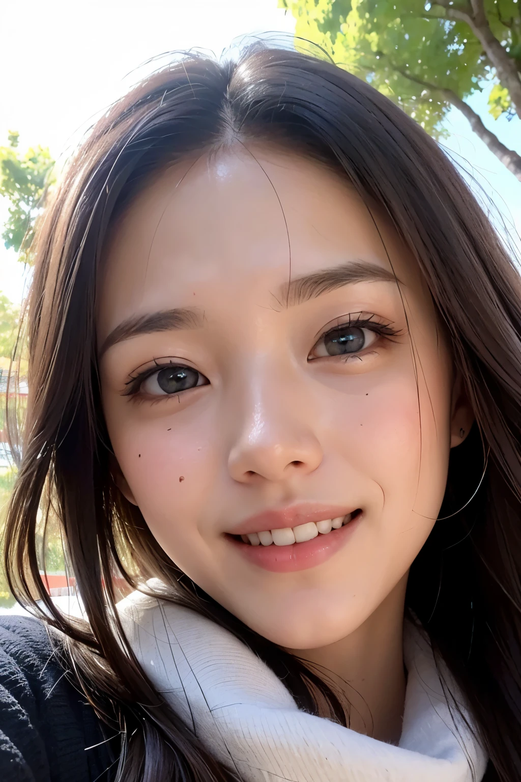 (Raw photo,realisitic, Photorealsitic: 1.4, masterpiece, best quality), 8K, 1 Beautiful Japanese Women, solo, 20years old, Charming Smile, Pretty Medium breasts, Beautiful detailed eyes, Drooping Eyes1.4, Long dark brown hair, (Highly Detailed Face and Skin Texture), winter coat with scarf, skirt, park, day, sunny day, (close up, from below:1.4), sitting on bench, smile, (looking at viewer:1.4)