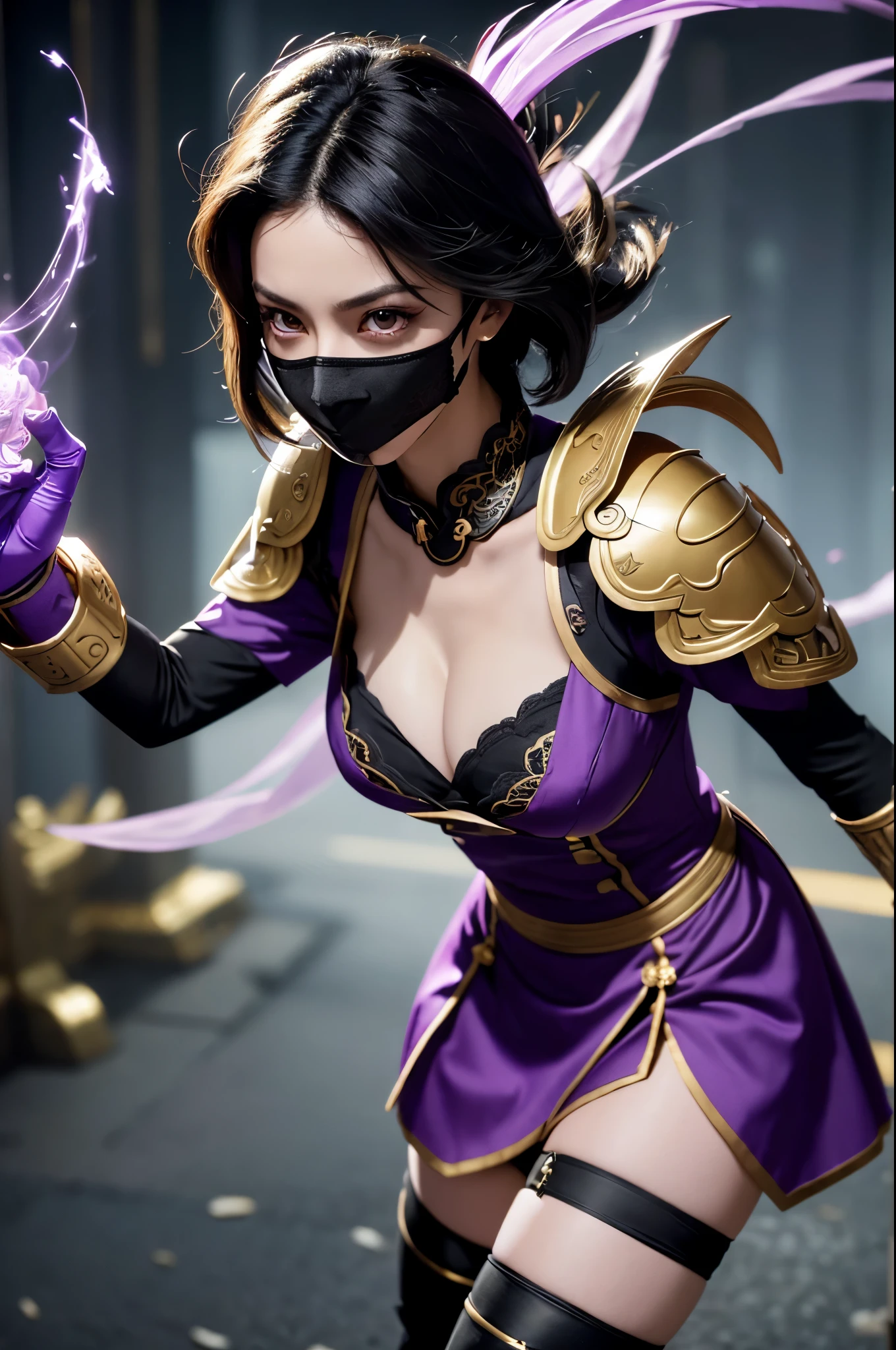 (exquisitely detailed CG unity 8k wallpaper, masterpiece-quality with stunning realism), (best illumination, best shadow), (best quality), (elegant style:1.2), Arti modern anime. angled view, heroic pose, midshot, (cel-shading style:1.3), centered image, ultra detailed closeup portrait of Mileena from Mortal Kombat, best quality, expressive eyes, perfect face, highres, (ultra details), 1 girl, solo, black hair, thighhighs, hair ornament, eyeshadow, mask, gold and purple armor, highly ornamented, shoulder armor, elbow gloves, dark temple background, portrait, looking at the viewer, piercing eyes, full body, leaning forward, resting, ready to fight, fighting pose, (night time:1), (holding sai weapons:1.5) piercing eyes, action fight scene, strike, staring, (piercing yellow snake eyes), night time, (qipao purple ninja robe dress:1.2), (purple skirt:1) (purple mask:1.5), (glowing magic portal in the background:1.2) (Japanese city in ruins:1.2) (elegant attacking action:1.3) (evil expression:1) (thighhigh boots:1.2) (highly ornamented clothing:1.3) (gold ornament on the clothing:1) (light from the angle:1) (smoke and dust:1.2) (armour:1) (shoulder length straight black hair:1.2) (wind blowing:1.2).(depth of field effects:1.3) (motion action:1.2) (closeup:1.3) (alone:1) (attacking pose:1.2) (angled closeup photography:1) turning