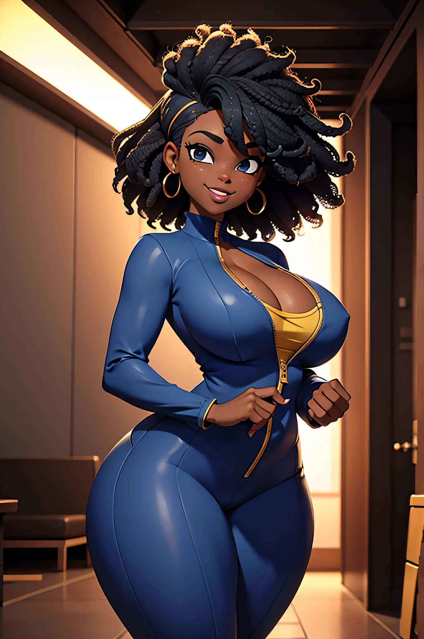 HD, dark skinned, young girl,  8, humanoid, honey, black afro hair, (((afro hair))), Jackie Parris, ((((Jackie Parris)))), full body cgsociety, 3 d character art, full character body, detailed full body concept, stylized character, erotica, ((young girl, 1girl, age), ((complex detailed background, wasteland, outside)), erotica, full body, sexy, wide hips, thicc body, thicc, chubby, large breasts, action pose, wearing a blue bodysuit with yellow trim, smiling, holding a pistol in right hand