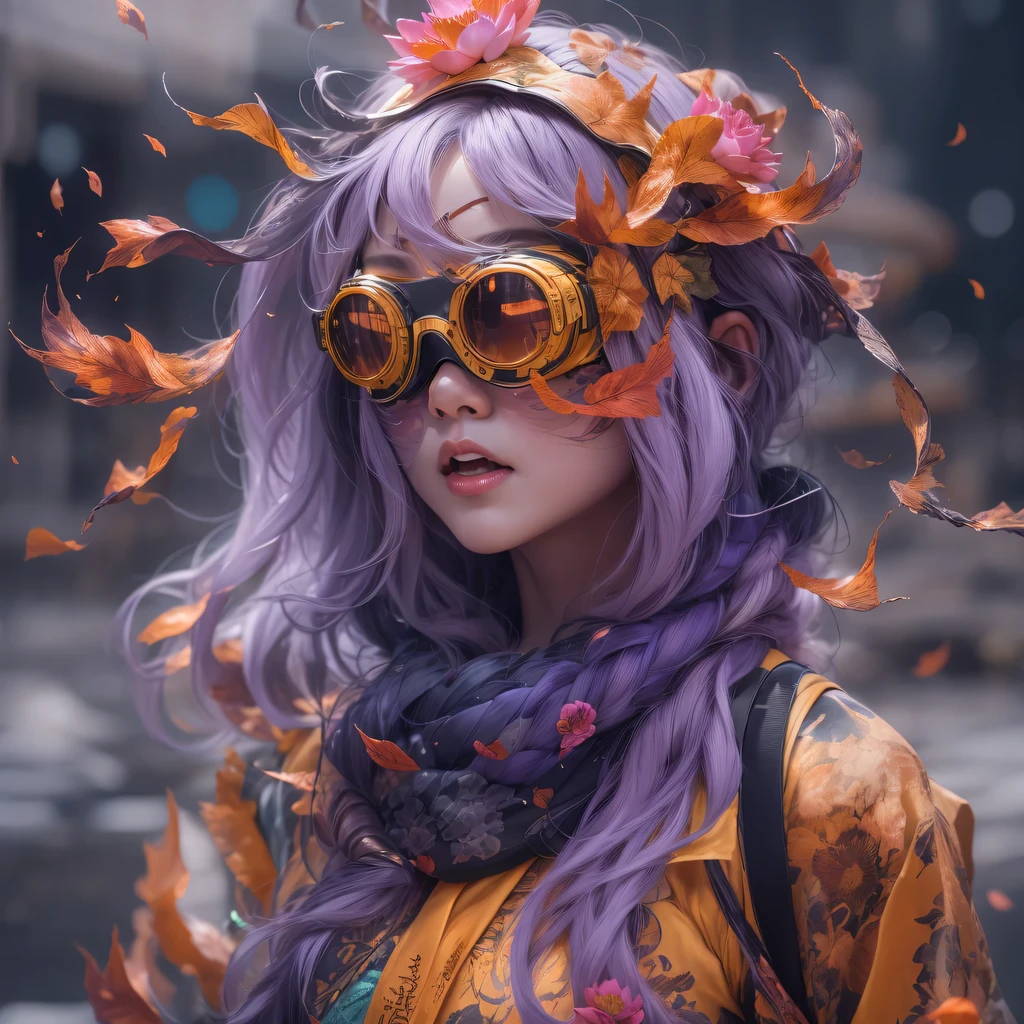 Chapter 3679 The Year of Cyberpunk（masterpiece，HD，超HD，32k lotus root starch）Bright purple flowing hair，autumn pond， lotus root starch color， Asian （Michiko）， （silk scarf）， fighting stance， looking at the ground， Orange gradient long hair， ((Thick frame reflective jade windproof goggles))Floating bright purple， Fire cloud gold headdress， Chinese long-sleeved gold silk garment， （Abstract ink splash：1.2），mars background，lotus（realistically：1.4），bright purple hair，Smoke on the road，The background is very ivory、pure， high resolution， Detailed wind protection goggles， RAW photos lotus root starch， Sharp Re， Nikon D850 film photo by Jefferies Lee 4 Kodak Portra 400 camera F1.6 guns, rich and colorful, Super real、Vivid textures, dramatic lighting, Unreal Engine Art Station Trend, Silicon Nest 800