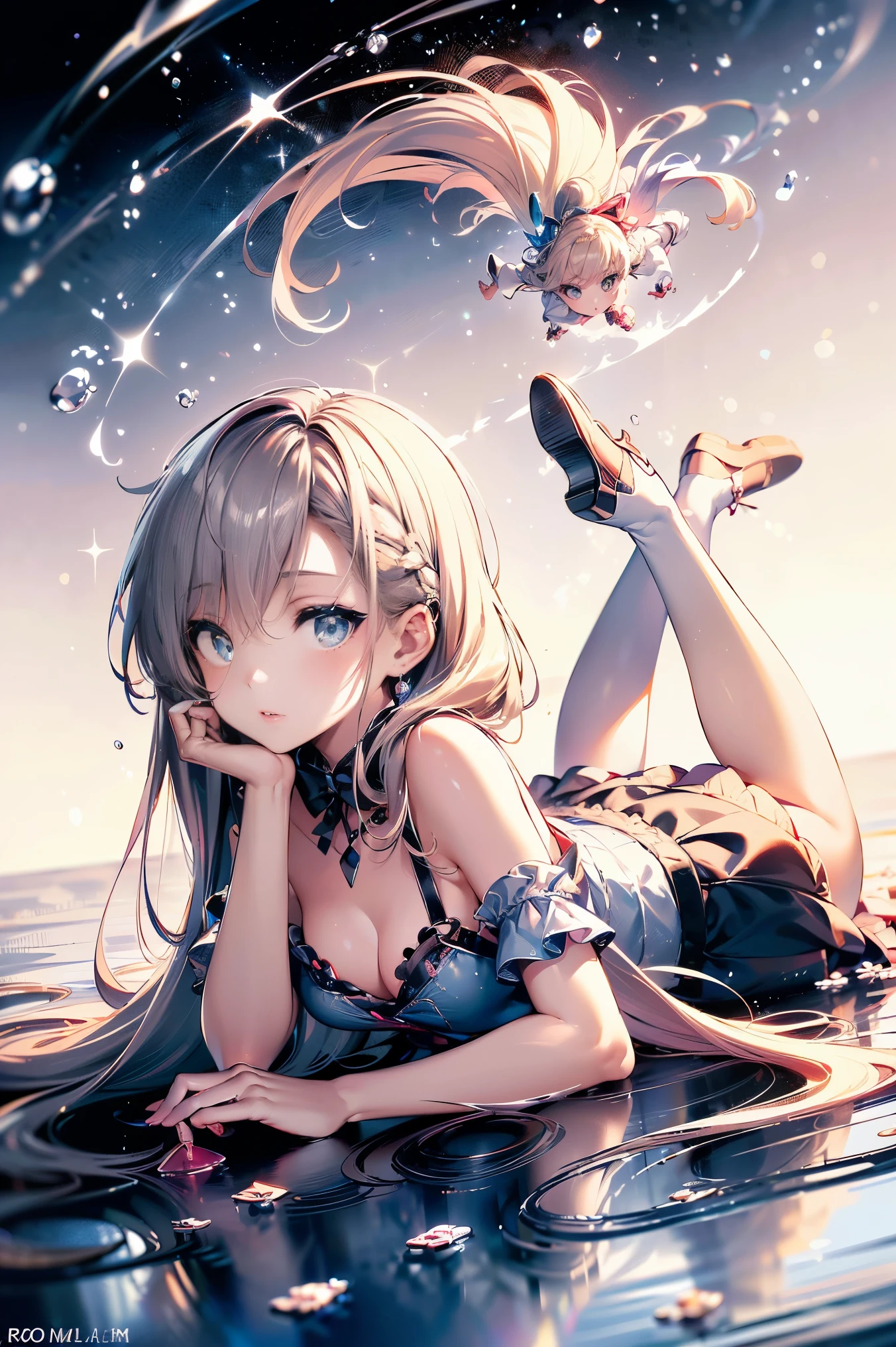 (master piece, high-quality, Mystical, ideal ratio of body proportions), (ultra high resolution, 8K RAW photo, photorealistics, natural lighting, textile shading), wideshot photo:1.6, (1 beautiful anime girl:1.3, , solo:1.5, milf:1.5, nsfw:1.25, full body:1.3), shinny skin, BREAK, ((alice in the wonderland:1.3, cuty, kawaii, lovely, funny, a girl falling down from sky:1.5, flying girl in sky:1.5, girl is floating in air:1.1, rolling up skirt by wind:1.5, (shamed:1.3), surprising, putting hands on crotch with apron:1.35)), BREAK, ((PlayingCards, Trump, tea cup, tea pot, tea spoons, small clock:1.3, lip sticks, candies:1.2, cookies, jam bottles, keys)), ((Royal-Blue dress :1.5, wearing long flaired skirt with blowing:1.3, White Apron, white stockings)), (medium long platinum-blonde hair:1.2, twin tail hair:1.6, tied hair with a large ribbon), (Blue eyes, bright pupils with highlights, detailed eyes), (lying down on your back:1.6, leaning forward:1.2, spreading legs with rising up straight:1.5), ((dutch angle:1.5, full body:1.3, ass focus:1.3, from below:1.5, unbalance posture)), cinema poster image, Exotic wallpapers, fantastic colorful art, (fantasy image:1.5), ((correct anatomy:1.5, perfect anatomy:1.3, correct hand, small foot:1.2)),