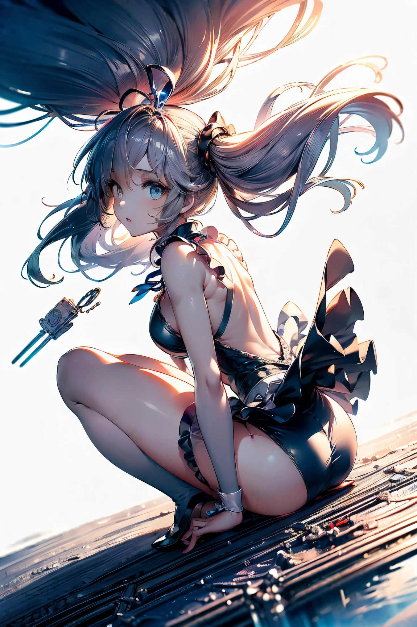(master piece, high-quality, Mystical, ideal ratio of body proportions), (ultra high resolution, 8K RAW photo, photorealistics, natural lighting, textile shading), wideshot photo:1.6, (1 beautiful anime girl:1.3, , solo:1.5, milf:1.5, nsfw:1.25, full body:1.3), shinny skin, BREAK, ((alice in the wonderland:1.3, cuty, kawaii, lovely, funny, a girl falling down from sky:1.5, flying girl in sky:1.5, girl is floating in air:1.1, rolling up skirt by wind:1.5, (shamed:1.3), surprising, putting hands on crotch with apron:1.35)), BREAK, ((PlayingCards, Trump, tea cup, tea pot, tea spoons, small clock:1.3, lip sticks, candies:1.2, cookies, jam bottles, keys)), ((Royal-Blue dress :1.5, wearing long flaired skirt with blowing:1.3, White Apron, white stockings)), (medium long platinum-blonde hair:1.2, twin tail hair:1.6, tied hair with a large ribbon), (Blue eyes, bright pupils with highlights, detailed eyes), (lying down on your back:1.6, leaning forward:1.2, spreading legs with rising up straight:1.5), ((dutch angle:1.5, full body:1.3, ass focus:1.3, from below:1.5, unbalance posture)), cinema poster image, Exotic wallpapers, fantastic colorful art, (fantasy image:1.5), ((correct anatomy:1.5, perfect anatomy:1.3, correct hand, small foot:1.2)),