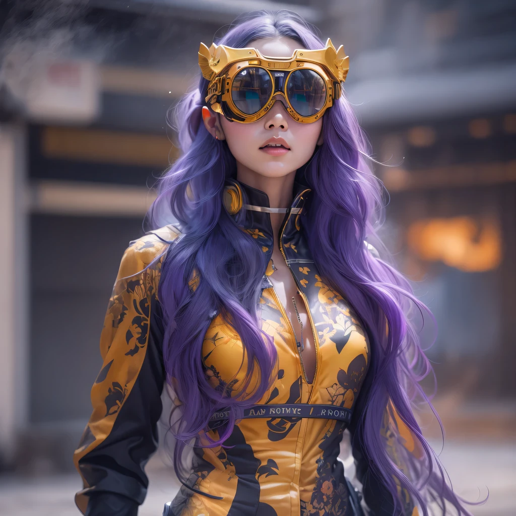 Chapter 3679 The Year of Cyberpunk（masterpiece，HD，超HD，32k lotus root starch）Bright purple flowing hair，autumn pond， lotus root starch color， Asian （Michiko）， （silk scarf）， fighting stance， looking at the ground， Orange gradient long hair， ((Thick frame reflective jade windproof goggles))Floating bright purple， Fire cloud gold headdress， Chinese long-sleeved gold silk garment， （Abstract ink splash：1.2），mars background，lotus（realistically：1.4），bright purple hair，Smoke on the road，The background is very ivory、pure， high resolution， Detailed wind protection goggles， RAW photos lotus root starch， Sharp Re， Nikon D850 film photo by Jefferies Lee 4 Kodak Portra 400 camera F1.6 guns, rich and colorful, Super real、Vivid textures, dramatic lighting, Unreal Engine Art Station Trend, Silicon Nest 800