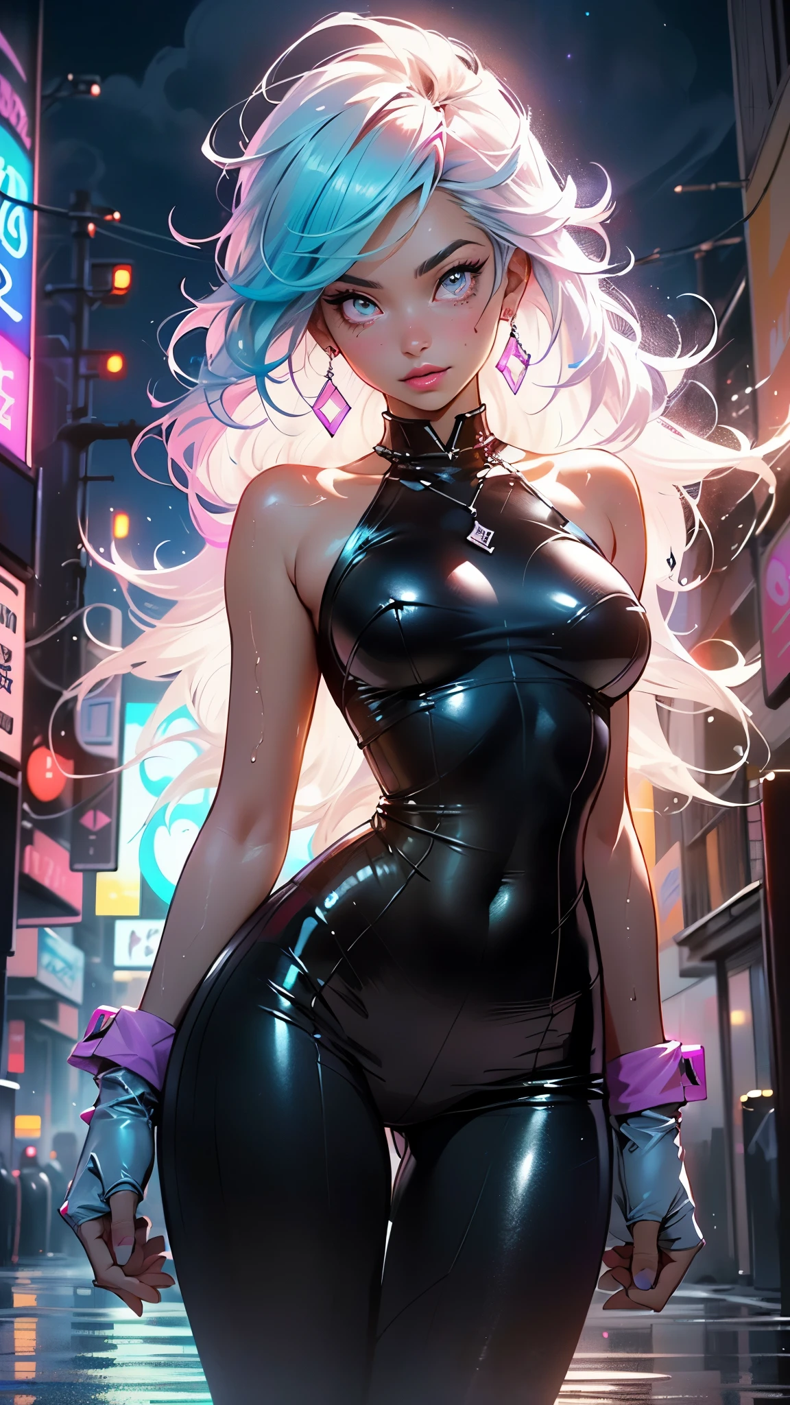 cute cartoon girl,(((1girl))),((extremely cute cartoon girl with liquid paint hair)),
(large breasts:1.4),(((very long hair,absurdly long hair,hair down to the waist,liquid paint hair:1.1,neon purple hair|neon pink hair|neon blue hair|neon aqua hair|purple hair|fuchsia hair|fluorescent blue hair|amethyst hair|neon hair|bright pink hair :1.5,bright hair: 1.3,hair made of paint and defies gravity,thick flowing,paint splatter:1.3,shiny hair: 1.3,vibrant colored hair))),((heterochromia:1.5, (purple_eye and pink_eye))),intricate eyes,beautiful detailed eyes,symmetrical eyes,((fat)),(((lustrous skin:1.5,bright skin: 1.5,skin tanned,shiny skin,very shiny skin,shiny body,plastic glitter skin,exaggerated shiny skin,illuminated skin,wet legs))),(spider lower abdomen,narrow waist,wide hip,athletic body,inflated legs, thick thighs,detailed body,(detailed face)),
cute,slutty,seductive,erotic,(nsfw)
(((liquid paint clothes,clothes made of liquid paint,body paint))),underboob,with liquid paint micro clothes,body paint,dripping paint,liquid pain tiny thong,bare legs,((wet liquid paint clothes,detailed outfit,detailed liquid paint clothes)),
(dynamic pose:1.0),solo focus,embarrassed,(centered,scale to fit dimensions,Rule of thirds),
cyberpunk city by the ocean at night, with bright neon signs and dark stormy clouds and puddles, scenery:1.25,nighttime, starry night, cosmos,Very dark night that makes the neon lights stand out, very bright neon lights,nighttime, starry night, cosmos,
artistic photography,(photography taken by sldr),highres, sharp focus,(ultra detailed, extremely detailed), (photorealistic artwork:1.37),(extremely detailed CG unity 8k wallpaper),((synthwave background theme)),(((vibrant colors))),intricate,(intricate background),(masterpiece),(best quality),perfect rendered face,perfect face details,realistic face,photo realistic,analog style,((intricate detail)),(((realism))),