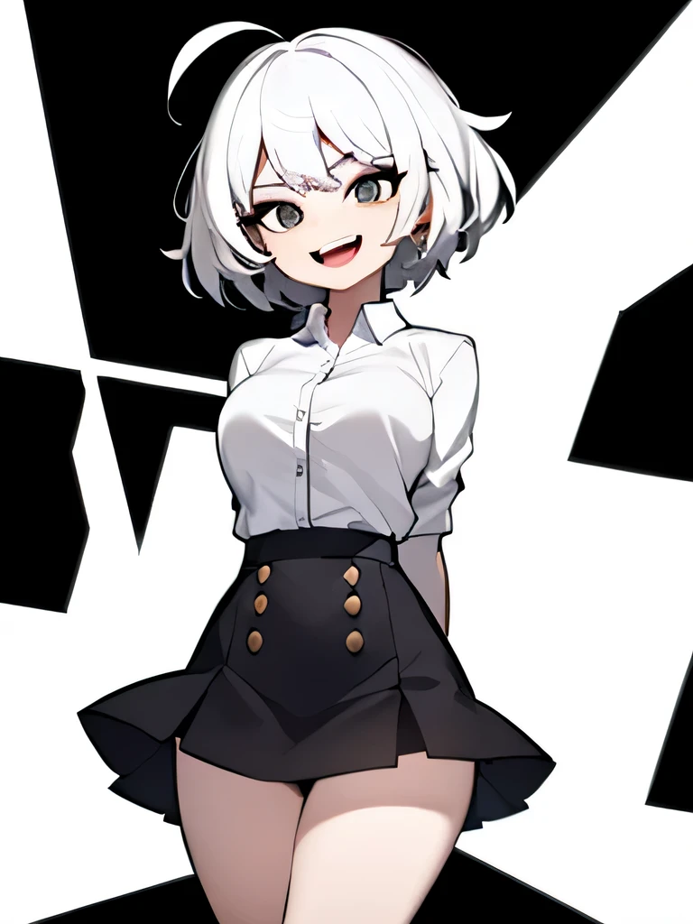 ((masterpiece, best quality)), (1girl), (solo), (female focus), (ahoge, white hair, short hair), black eyes, light smile, open mouth, ((white shirt), (buttoned shirt), (button gap)), ((black skirt), (short skirt)), standing, white background, arms behind back, dynamic angle
