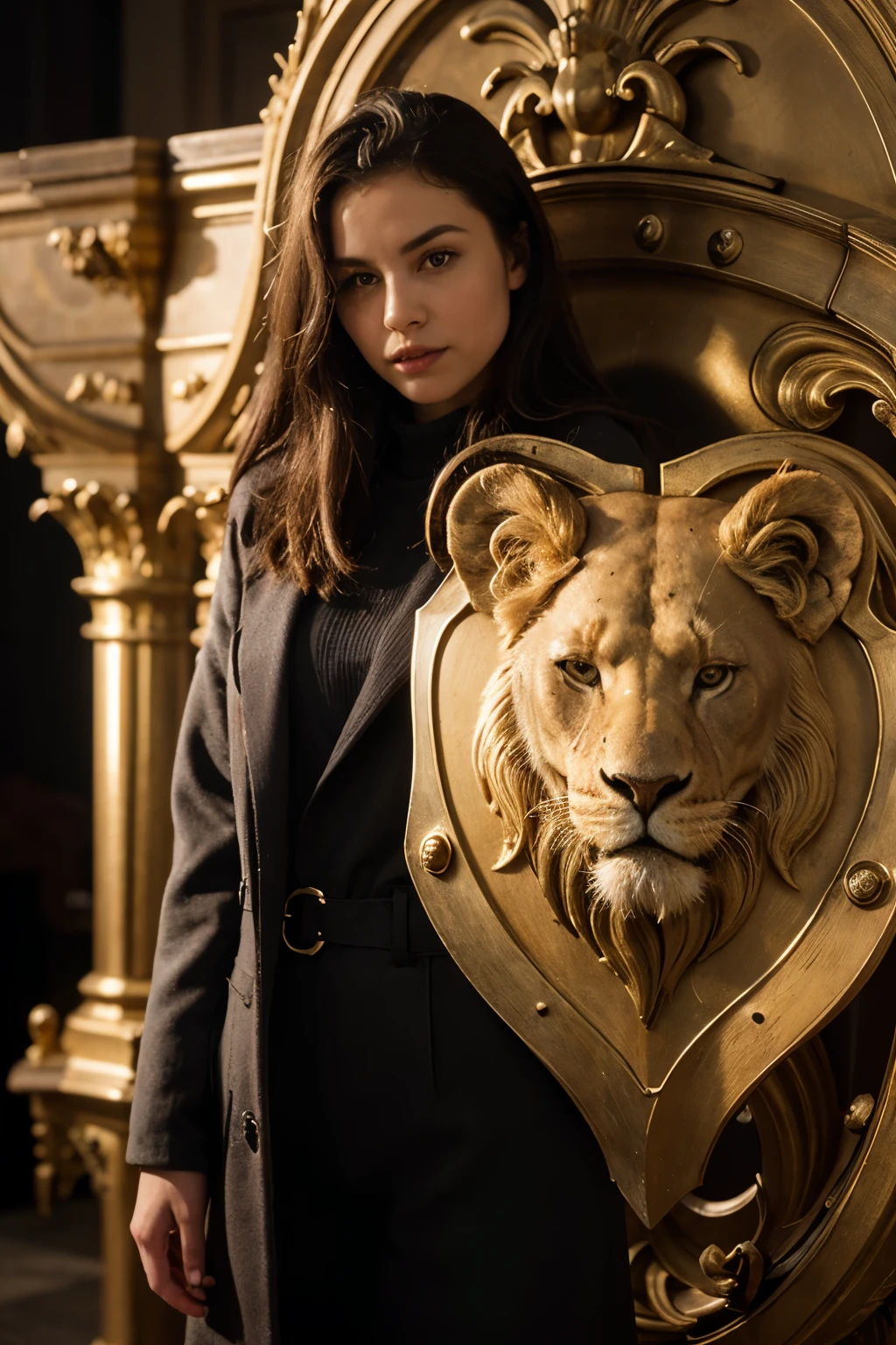 Create a realistic vector version of a company logo, conveying an image of elegance and power. The logo must incorporate a lion, um escudo e uma coroa, all superimposed in a coat of arms style. Highlight the lion with realistic gold details, a coroa em amarelo e o escudo em vermelho. Ensure composition is refined, capturing the essence of a modern and imposing coat of arms.