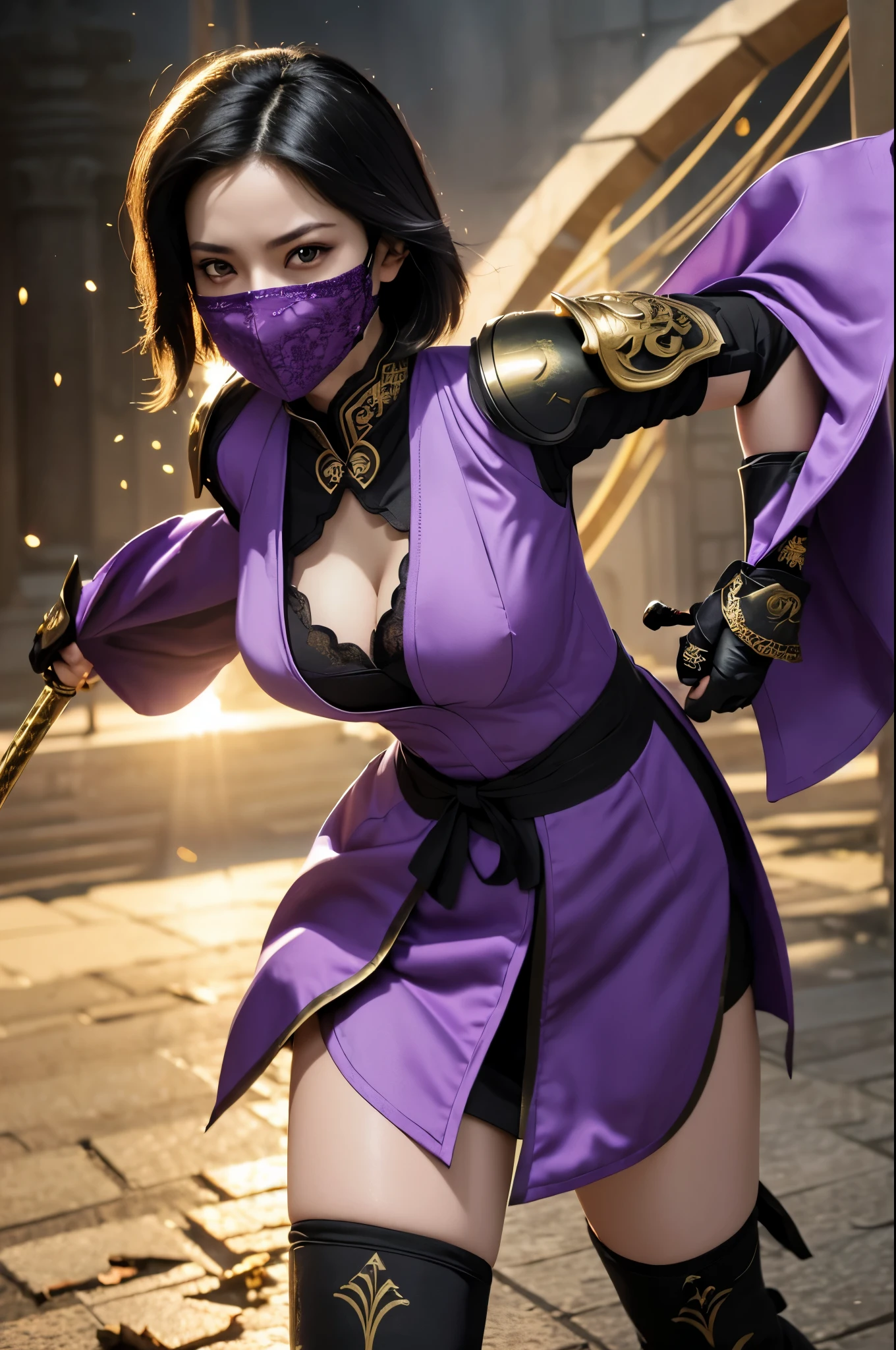 (exquisitely detailed CG unity 8k wallpaper, masterpiece-quality with stunning realism), (best illumination, best shadow), (best quality), (elegant style:1.2), Arti modern anime. angled view, heroic pose, midshot, (cel-shading style:1.3), centered image, ultra detailed closeup portrait of Mileena from Mortal Kombat, best quality, expressive eyes, perfect face, highres, (ultra details), 1 girl, solo, black hair, thighhighs, hair ornament, eyeshadow, mask, gold and purple armor, highly ornamented, shoulder armor, elbow gloves, dark temple background, portrait, looking at the viewer, piercing eyes, full body, leaning forward, resting, ready to fight, fighting pose, (night time:1), (holding sai weapons:1.5) piercing eyes, action fight scene, strike, staring, (piercing yellow snake eyes), night time, (qipao purple ninja robe dress:1.2), (purple skirt:1) (purple mask:1.5), (glowing magic portal in the background:1.2) (Japanese city in ruins:1.2) (elegant attacking action:1.3) (evil expression:1) (thighhigh boots:1.2) (highly ornamented clothing:1.3) (gold ornament on the clothing:1) (light from the angle:1) (smoke and dust:1.2) (armour:1) (shoulder length straight black hair:1.2) (wind blowing:1.2).(depth of field effects:1.3) (motion action:1.2) (closeup:1.3) (alone:1) (attacking pose:1.2) (angled closeup photography:1) turning