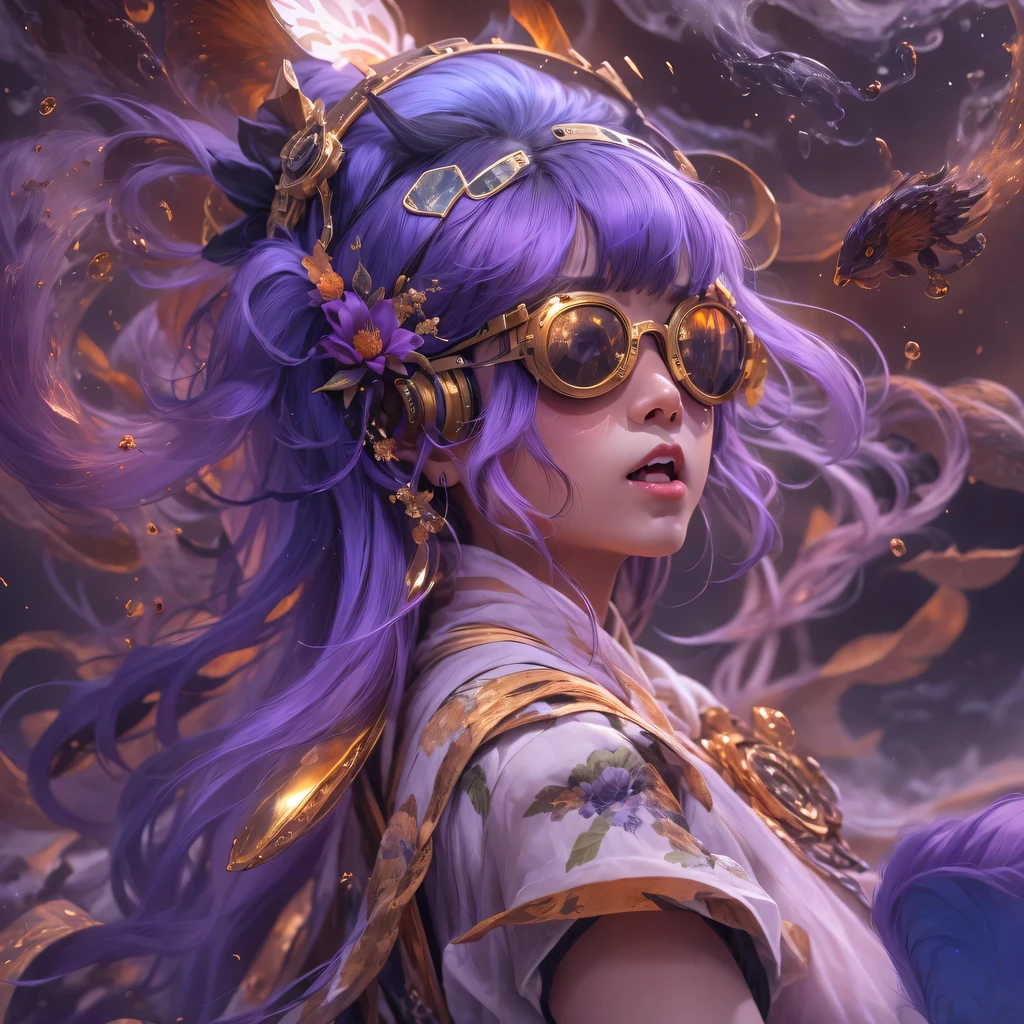8679 Cyberpunk Year（masterpiece，HD，超HD，32k lotus root starch）Bright purple flowing hair，autumn pond， lotus root starch color， Asian （Michiko）， （silk scarf）， fighting stance， looking at the ground， Orange gradient long hair， ((Thick frame reflective jade windproof goggles))Floating bright purple， Fire cloud gold headdress， Chinese long-sleeved gold silk garment， （Abstract ink splash：1.2），mars background，lotus（realistically：1.4），bright purple hair，Smoke on the road，The background is very ivory、pure， high resolution， Detailed wind protection goggles， RAW photos lotus root starch， Sharp Re， Nikon D850 film photo by Jefferies Lee 4 Kodak Portra 400 camera F1.6 guns, rich and colorful, Super real、Vivid textures, dramatic lighting, Unreal Engine Art Station Trend, Silicon Nest 800