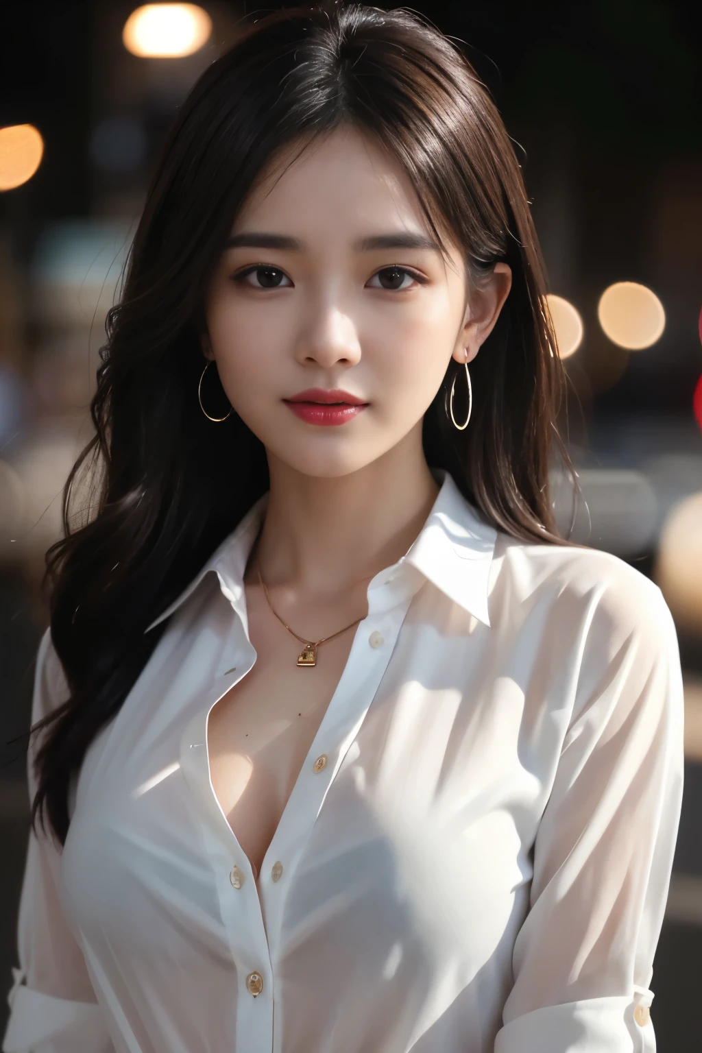(Buttons up to shirt length: 1.2), (white shirt wet from the rain), (unbuttoned shirt: 1.1), deep cleavage, highest quality, masterpiece, figure, very delicate and beautiful, very detailed, cg, unity, 8k wallpaper, wonderful, small details, highly detailed cg unity 8k wallpaper, huge file size, very detailed, High resolution, handsome detailed woman, very detailed eyes and face, amazingly detailed eyes, light shines on your face, (Best figure: 1.1), (best shadow: 1.1), ultra High resolution, (realistic: 1.1), (realistic 1.2:1.1), realistic facial proportions, slim, smile, (compensate: 0.4), (fluffy black eye: 1.21), black eye, looking at the viewer, dark brown hair, earrings, necklace, hairpin, cowboy shot, (irregular irregular skin defects, vein, Wrinkled pores on the skin: 1.2), (dark night background: 1.2), (Bokeh: 1.4),