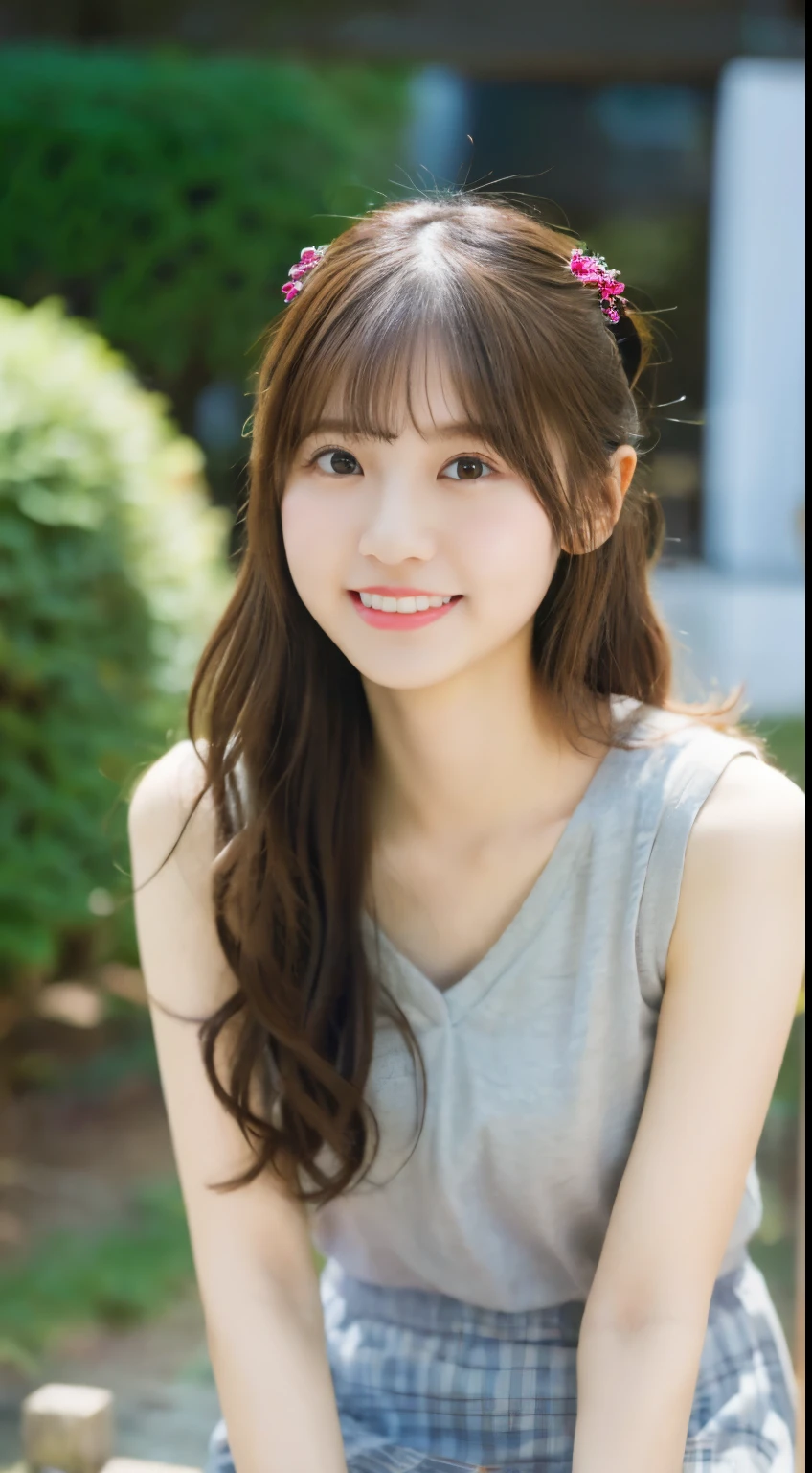 adorable, japanese girl, Straddle upright, skirt , (smile:0.7), curly hair, hair scrunchie, , (highly detailed skin), (highest quality:1.0), (Super high resolution:1.0) ,(photo-realistic:1.0), (super detailed:1.0), (8K, RAW photo:1.1)
