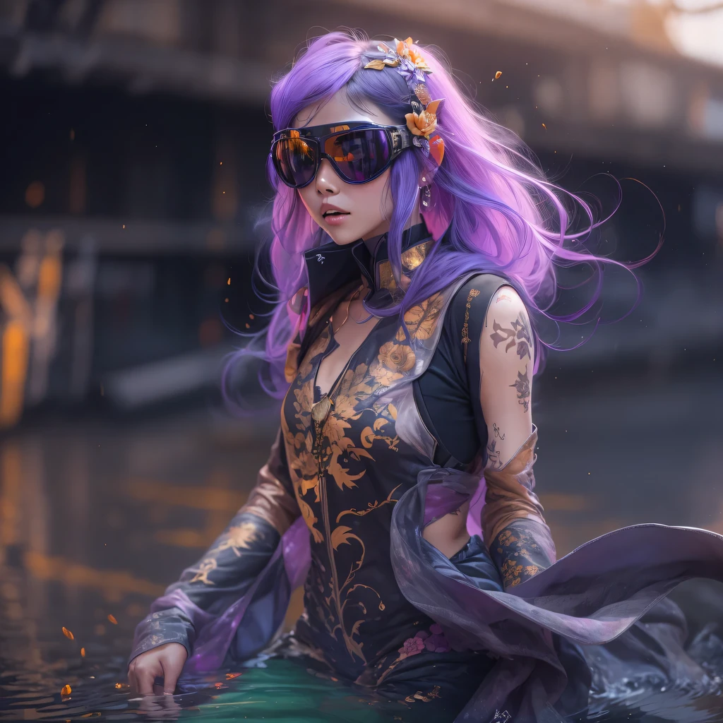 8679 Cyberpunk Year（masterpiece，HD，超HD，32k lotus root starch）Bright purple flowing hair，autumn pond， lotus root starch color， Asian （Michiko）， （silk scarf）， fighting stance， looking at the ground， Orange gradient long hair， ((Thick frame reflective jade windproof goggles))Floating bright purple， Fire cloud gold headdress， Chinese long-sleeved gold silk garment， （Abstract ink splash：1.2），mars background，lotus（realistically：1.4），bright purple hair，Smoke on the road，The background is very ivory、pure， high resolution， Detailed wind protection goggles， RAW photos lotus root starch， Sharp Re， Nikon D850 film photo by Jefferies Lee 4 Kodak Portra 400 camera F1.6 guns, rich and colorful, Super real、Vivid textures, dramatic lighting, Unreal Engine Art Station Trend, Silicon Nest 800