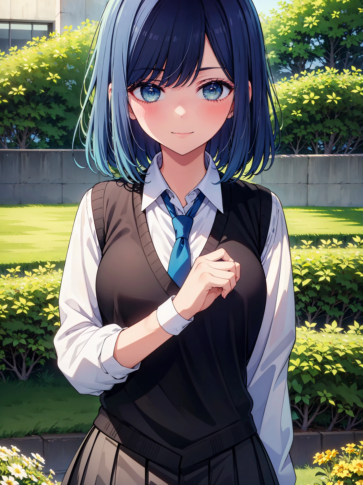 (masterpiece, highest quality:1.2), 1 girl, alone, Akane Kurokawa, 1 girl, dark blue hair, medium hair, one length bob, Added bangs to add brightness to the face, Hair ends remain thick overall. , blue eyes, green eyes, school uniform, white shirt, collared shirt, vest, white shirt, sweater vest, black vest, blue tie, gray pleated skirt, smile, In a field of colorful flowers