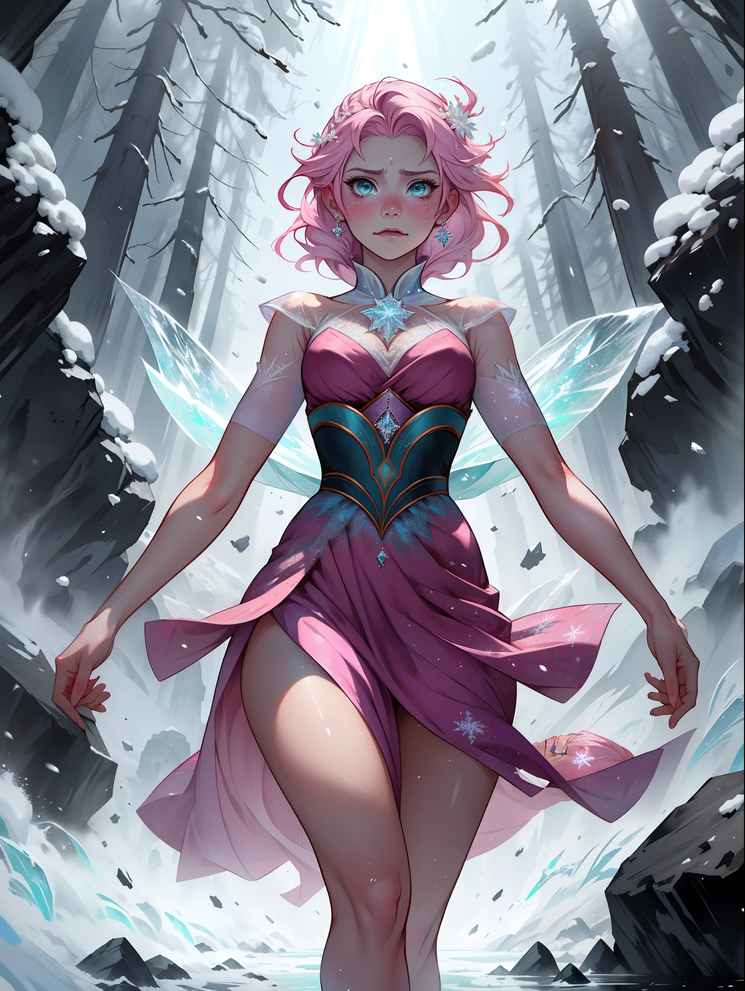 1 mulher, fantasiada de Elsa, strong emotions, sakura,pink hair, (cabelo curto!!), luz, foco, frozen, como elza de frozen , corpo inteiro, solo, magia ao seu redor. from head to toe, vestido azul,neve, corpo inteiro, lagrimas, strong emotions, corpo todo!!!!, andando no gelo, there is a blizzard behind her, magra, alta e delicada, (delicada!!), (fragil!)