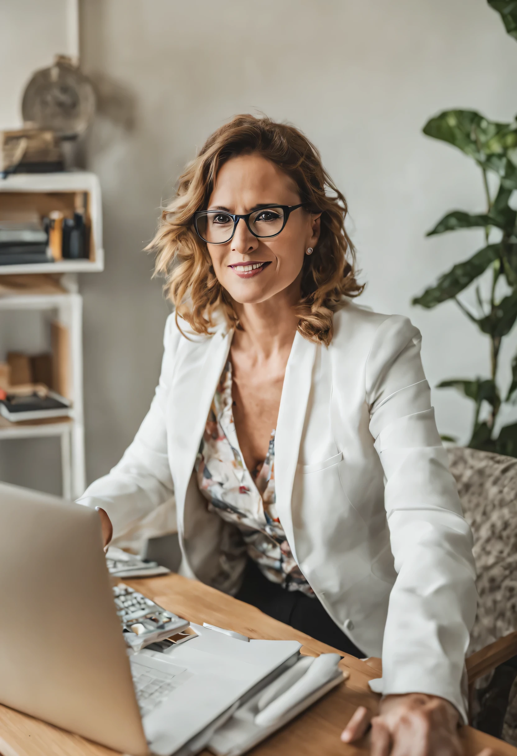 Laura is an entrepreneurial woman, she is at home working on the computer, She wears a white blazer and prescription glasses.