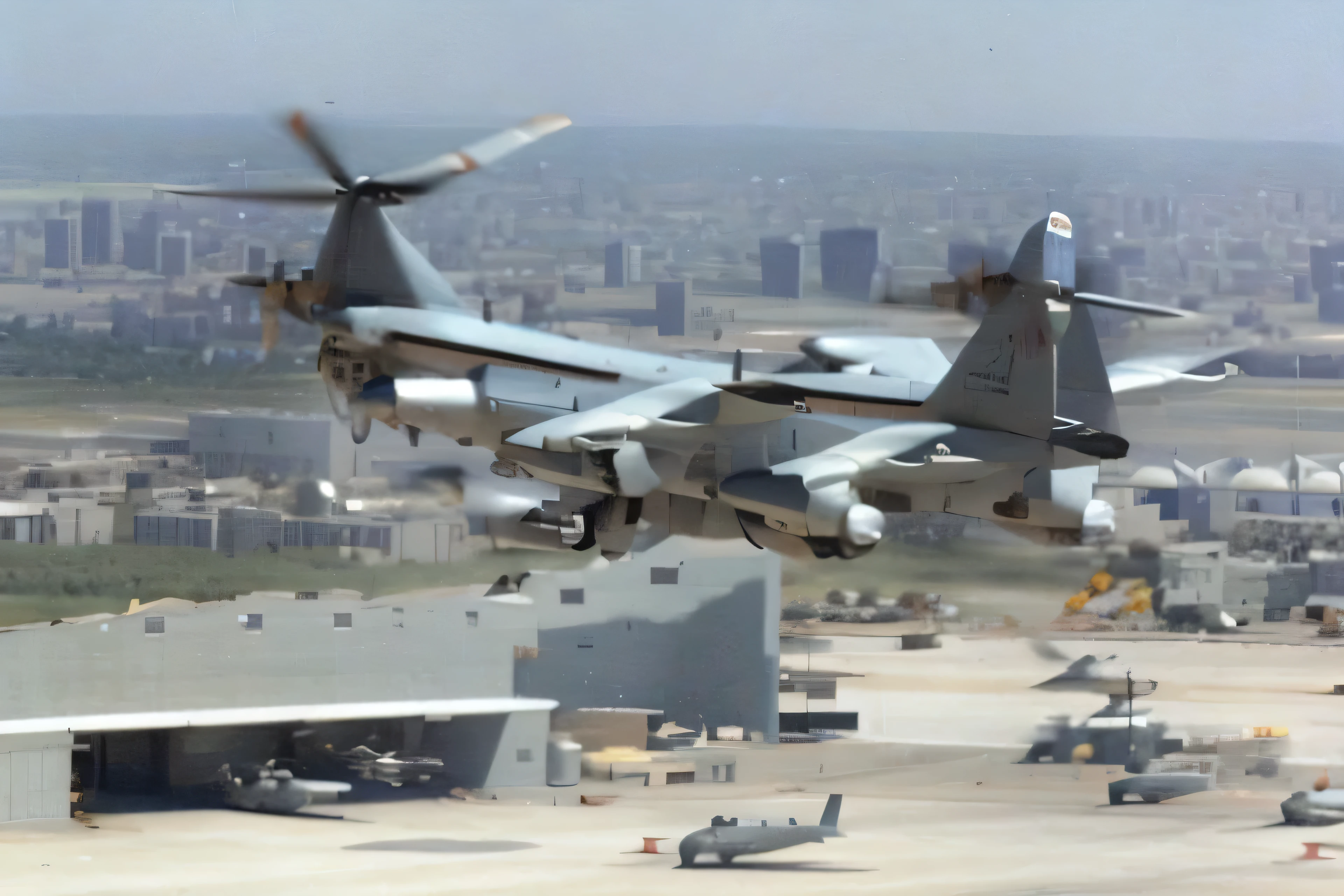 there is a large propeller plane flying over a city, aerial combat, aircraft, air support, gunship, us airforce, environmental shot, strafing attack plane, mid air shot, 2000s photo, wings spreading, uav, take off, profile pic, airborne view, 9 / 1 1, 9/11, photo”, military drone, profile picture