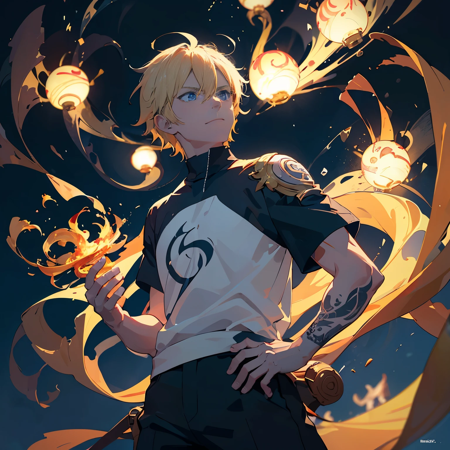 1 man, mature, 30 years old, Jaune Arc, (shoulder-length blonde hair), (bright Blue eyes), bright white tattoos of western dragons by the arms, white short-sleeved T-shirt, flaming aura and red rays sticking out of his hands