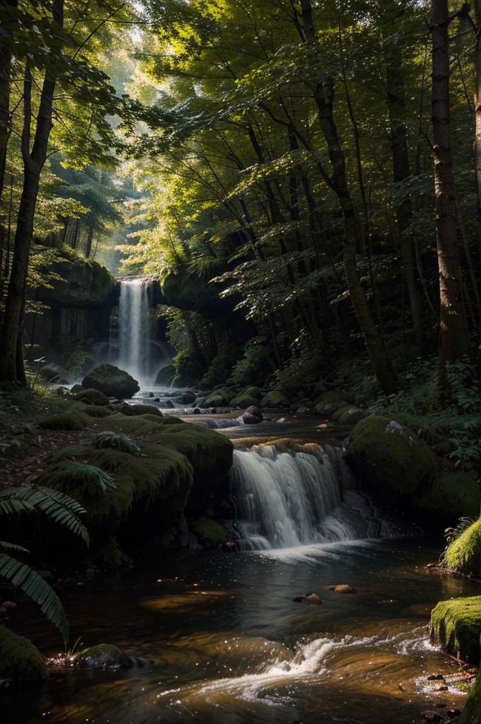 Generate a high-quality digital image of an enchanted forest with advanced details and a cinematic atmosphere. Highlight landscapes of sun, streams, and animals, ensuring that the scene is immersive and captivating.