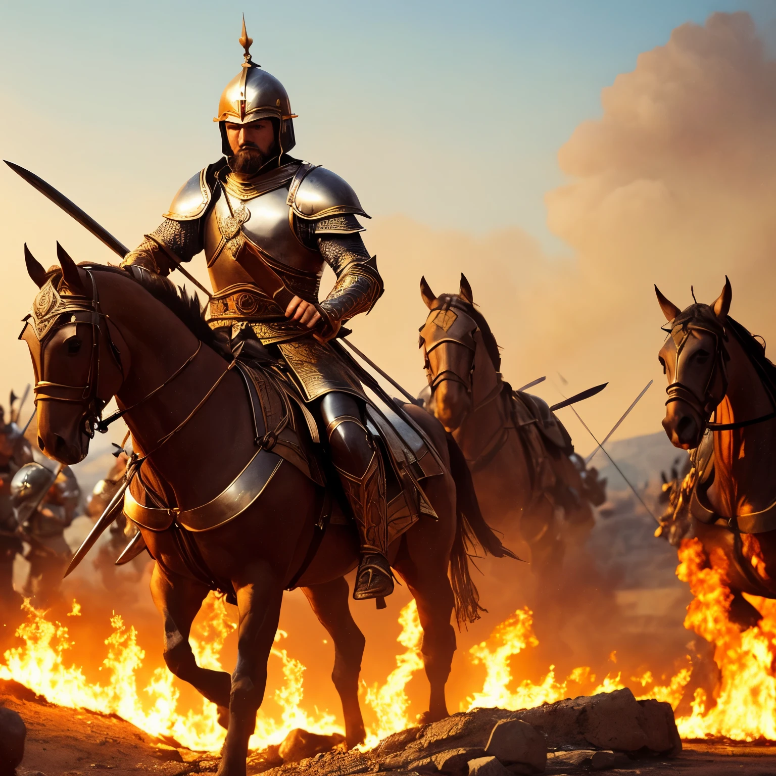 Xerxes while wearing armor with his Persian helmet and swords burning Athens
