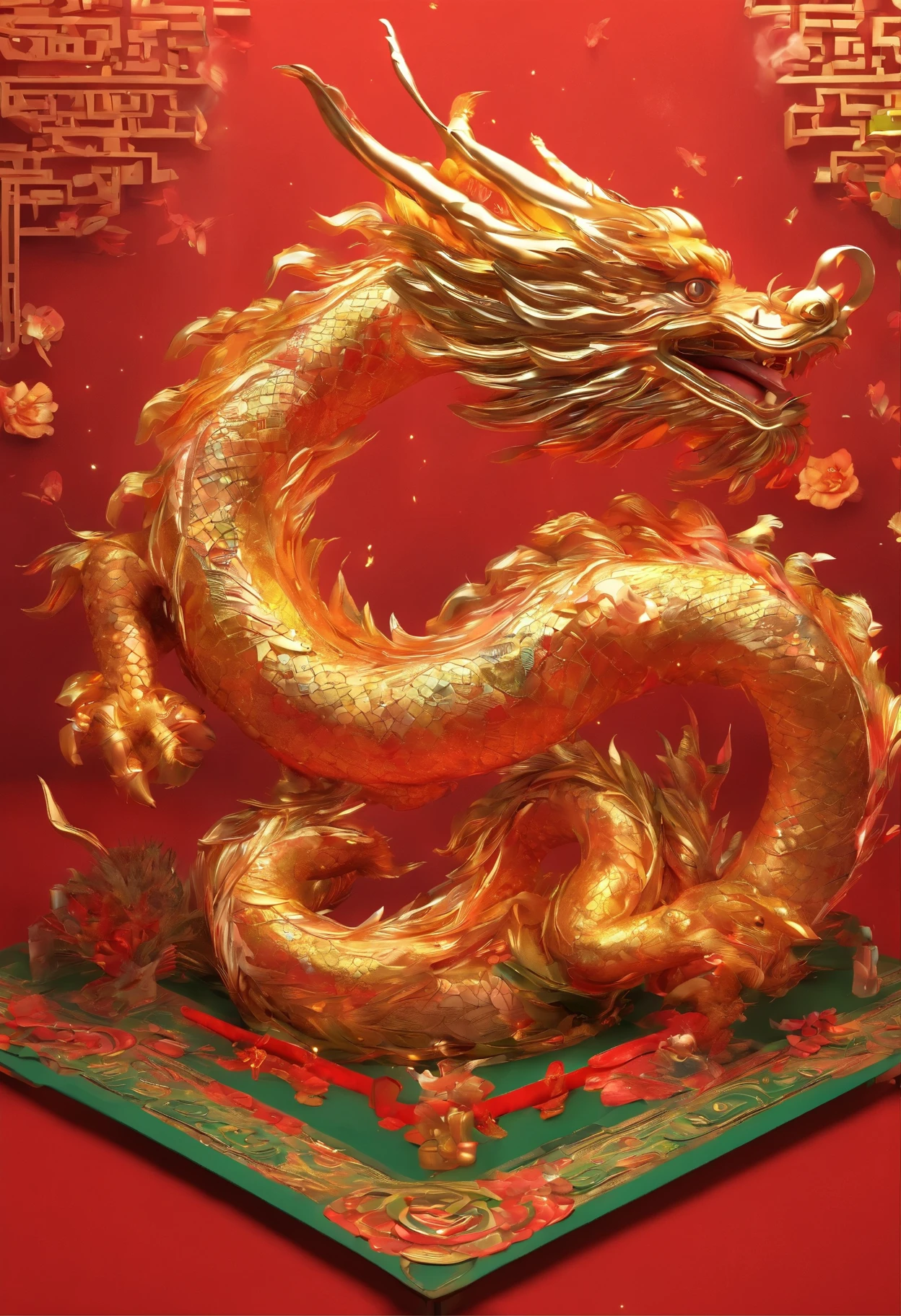 Chinese style elements，Oriental dragon image, Blessed by the Dragon，The dragon is praying，Soar into the sky, There are colorful lights everywhere, They were delighted, (high contrast), (The era of fantasy world), People are shopping happily, New Year atmosphere, (Ray tracing, global illumination), (masterpiece:1.4), (energetic:1.2), Normal, complex，Rich in details, (Super detailed CG unified 8k wallpaper)