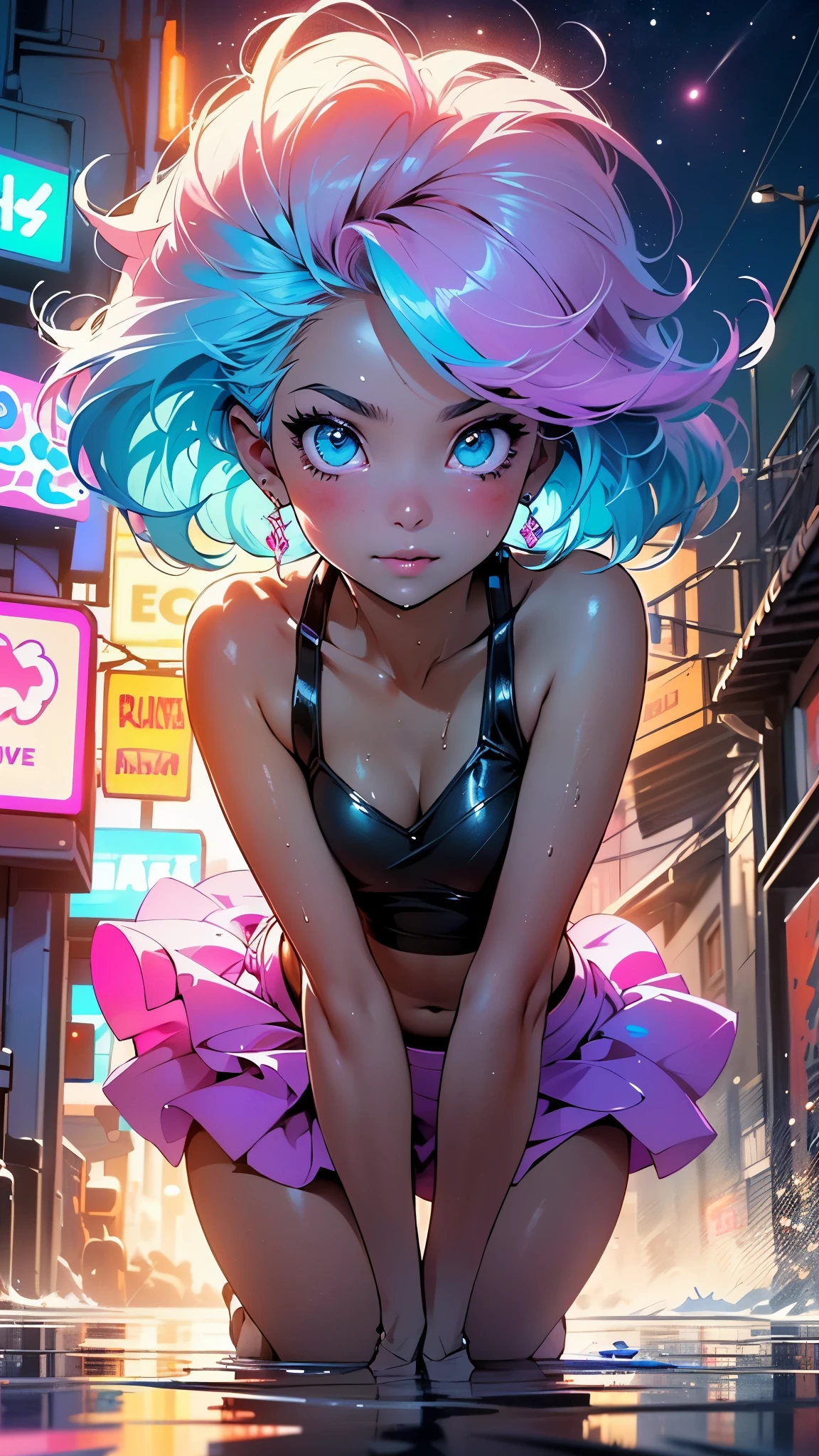 cute cartoon little ,(((little ,small tiny body,,chibi))),(((6 years old))),((extremely cute cartoon girl with liquid paint hair)),(((1 toddler:1.4))), (baby face), (round face),
(((flat chest))),(((short hair,liquid paint hair:1.1,neon purple hair|neon pink hair|neon blue hair|neon aqua hair|purple hair|fuchsia hair|fluorescent blue hair|amethyst hair|neon hair|bright pink hair :1.5,bright hair: 1.3,hair made of paint and defies gravity,thick flowing,paint splatter:1.3,shiny hair: 1.3,vibrant colored hair))),((heterochromia:1.5, (purple_eye and pink_eye))),intricate eyes,beautiful detailed eyes,symmetrical eyes,big eyes:1.5,((fat)),(((lustrous skin:1.5,bright skin: 1.5,skin tanned,shiny skin,very shiny skin,shiny body,plastic glitter skin,exaggerated shiny skin,illuminated skin,wet legs))),(detailed body),(detailed face),
cute,slutty,seductive,erotic,(((nsfw))),
revealing clothing,show skin,(wearing a Neon color theme clothing:1.3,micro clothes,fluorescent and neon clothing,rave fashion,micro crop top,micro skirt,visible thong straps,accessories LED),((underpants strap)),((wet clothes,intricate outfit,intricate clothes)),
(dynamic pose:1.0),solo focus,embarrassed,(centered,scale to fit dimensions,Rule of thirds),
cyberpunk city by the ocean at night, with bright neon signs and dark stormy clouds and puddles, scenery:1.25,nighttime, starry night, cosmos,Very dark night that makes the neon lights stand out, very bright neon lights,nighttime, starry night, cosmos,
artistic photography,(photography taken by sldr),highres, sharp focus,(ultra detailed, extremely detailed), (photorealistic artwork:1.37),(extremely detailed CG unity 8k wallpaper),((synthwave background theme)),(((vibrant colors))),intricate,(intricate background),(masterpiece),(best quality),perfect rendered face,perfect face details,realistic face,photo realistic,analog style,((intricate detail)),(((realism))),