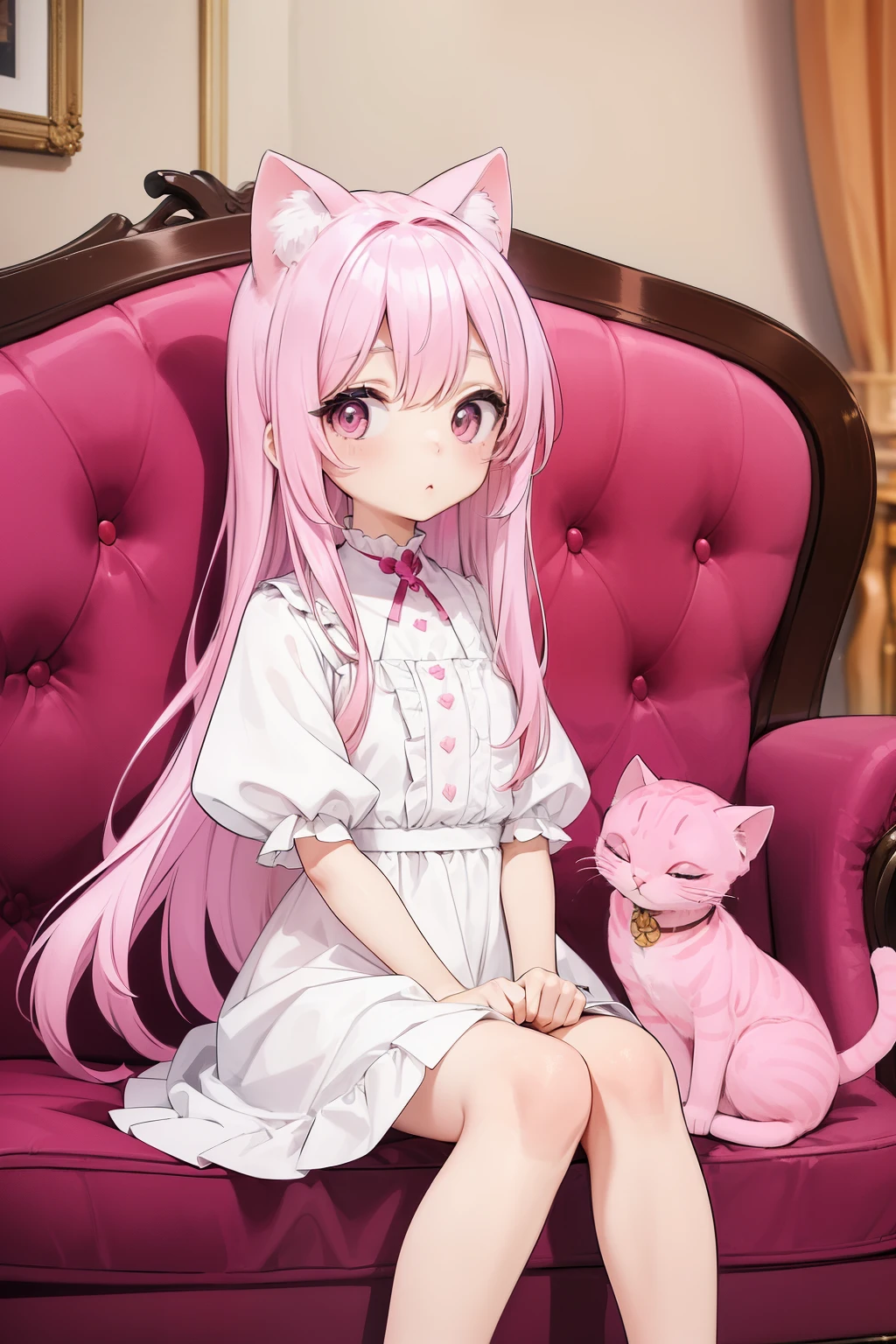 ((((a  pink cat))) with a young girl and her 7-year-old sister are sitting on a sofa with very shaggy and cozy long white hair, they are next to her, inside a 1000m2 mansion, camara 180º wide angle, 8K, ultra-detailed.