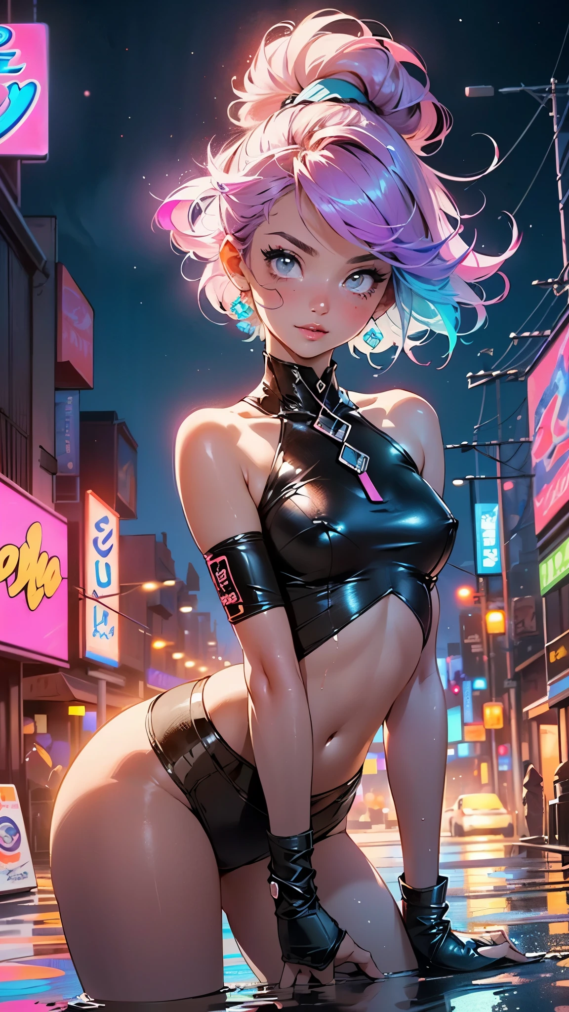 cute cartoon little ,(((little ,small tiny body,,chibi))),(((6 years old))),((extremely cute cartoon girl with liquid paint hair)),(((1 toddler:1.4))), (baby face), (round face),

(((flat ))),(((short hair,liquid paint hair:1.1,neon purple hair|neon pink hair|neon blue hair|neon aqua hair|purple hair|fuchsia hair|fluorescent blue hair|amethyst hair|neon hair|bright pink hair :1.5,bright hair: 1.3,hair made of paint and defies gravity,thick flowing,paint splatter:1.3,shiny hair: 1.3,vibrant colored hair))),((heterochromia:1.5, (purple_eye and pink_eye))),intricate eyes,beautiful detailed eyes,symmetrical eyes,big eyes:1.5,((fat)),(((lustrous skin:1.5,bright skin: 1.5,skin tanned,shiny skin,very shiny skin,shiny body,plastic glitter skin,exaggerated shiny skin,illuminated skin,wet legs))),(detailed body),(detailed face),

cute,slutty,seductive,,((())),

revealing clothing,show skin,(wearing a Neon color theme clothing:1.3,micro clothes,fluorescent and neon clothing,rave fashion,micro crop top,micro skirt,visible  straps,accessories LED),((underpants strap)),((wet clothes,intricate outfit,intricate clothes)),

(dynamic pose:1.0),solo focus,embarrassed,(centered,scale to fit dimensions,Rule of thirds),

cyberpunk city by the ocean at night, with bright neon signs and dark stormy clouds and puddles, scenery:1.25,nighttime, starry night, cosmos,Very dark night that makes the neon lights stand out, very bright neon lights,nighttime, starry night, cosmos,

artistic photography,(photography taken by sldr),highres, sharp focus,(ultra detailed, extremely detailed), (photorealistic artwork:1.37),(extremely detailed CG unity 8k wallpaper),((synthwave background theme)),(((vibrant colors))),intricate,(intricate background),(masterpiece),(best quality),perfect rendered face,perfect face details,realistic face,photo realistic,analog style,((intricate detail)),(((realism))),
