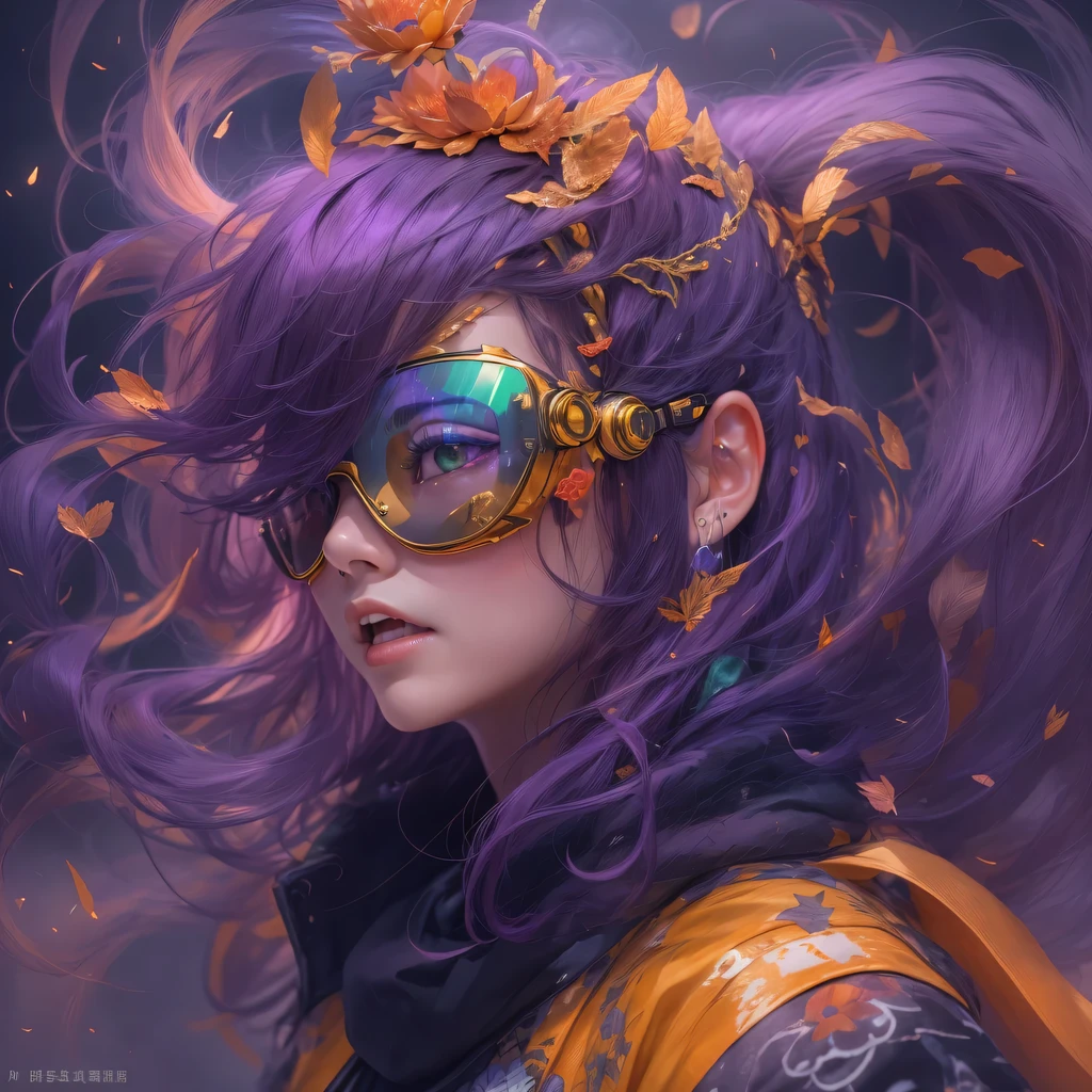 5679 Cyberpunk Year（masterpiece，HD，超HD，32k lotus root starch）Bright purple flowing hair，autumn pond， lotus root starch color， Asian （Michiko）， （silk scarf）， fighting stance， looking at the ground， Orange gradient long hair， ((Thick frame reflective jade windproof goggles))Floating bright purple， Fire cloud gold headdress， Chinese long-sleeved gold silk garment， （Abstract ink splash：1.2），mars background，lotus（realistically：1.4），bright purple hair，Smoke on the road，The background is very ivory、pure， high resolution， Detailed wind protection goggles， RAW photos lotus root starch， Sharp Re， Nikon D850 film photo by Jefferies Lee 4 Kodak Portra 400 camera F1.6 guns, rich and colorful, Super real、Vivid textures, dramatic lighting, Unreal Engine Art Station Trend, Silicon Nest 800