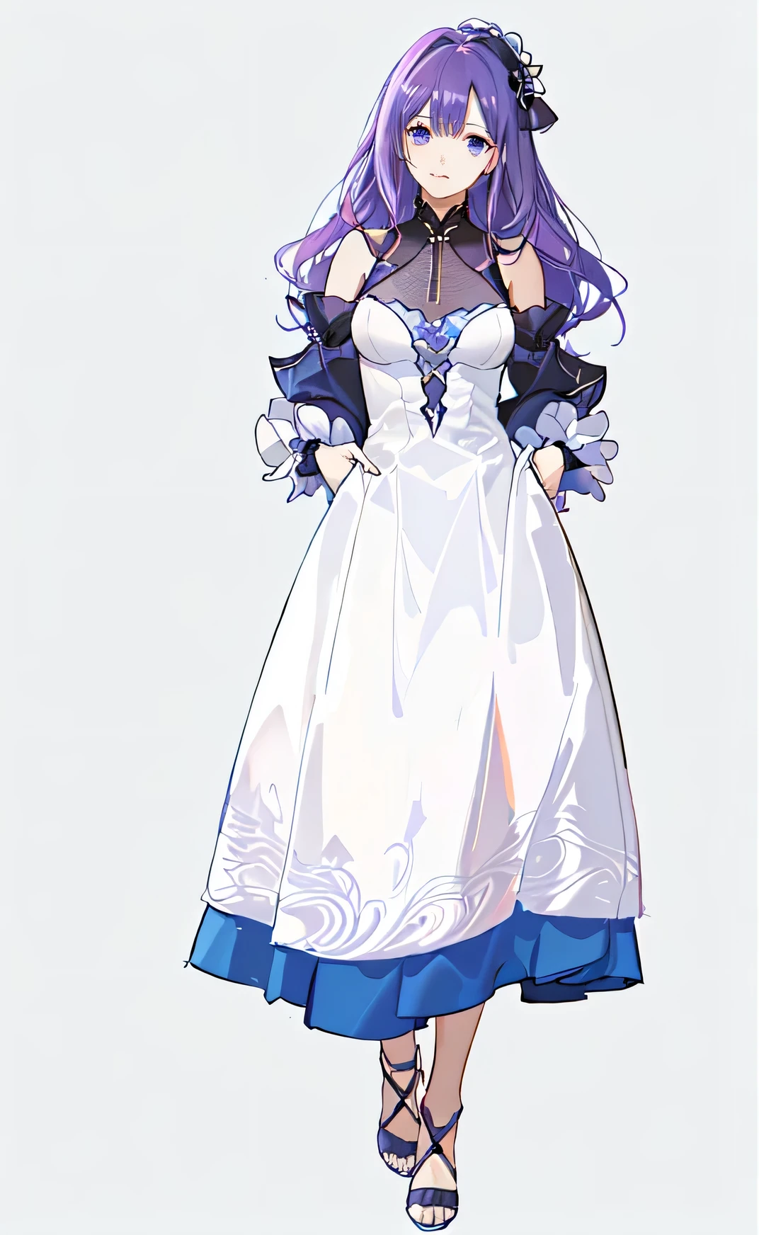 anime style、reddish purple hair、droopy blue eyes、The front hair is cut and the back hair is wavy..。The costume is a chic light blue dress..、Gorgeous and neat atmosphere。
