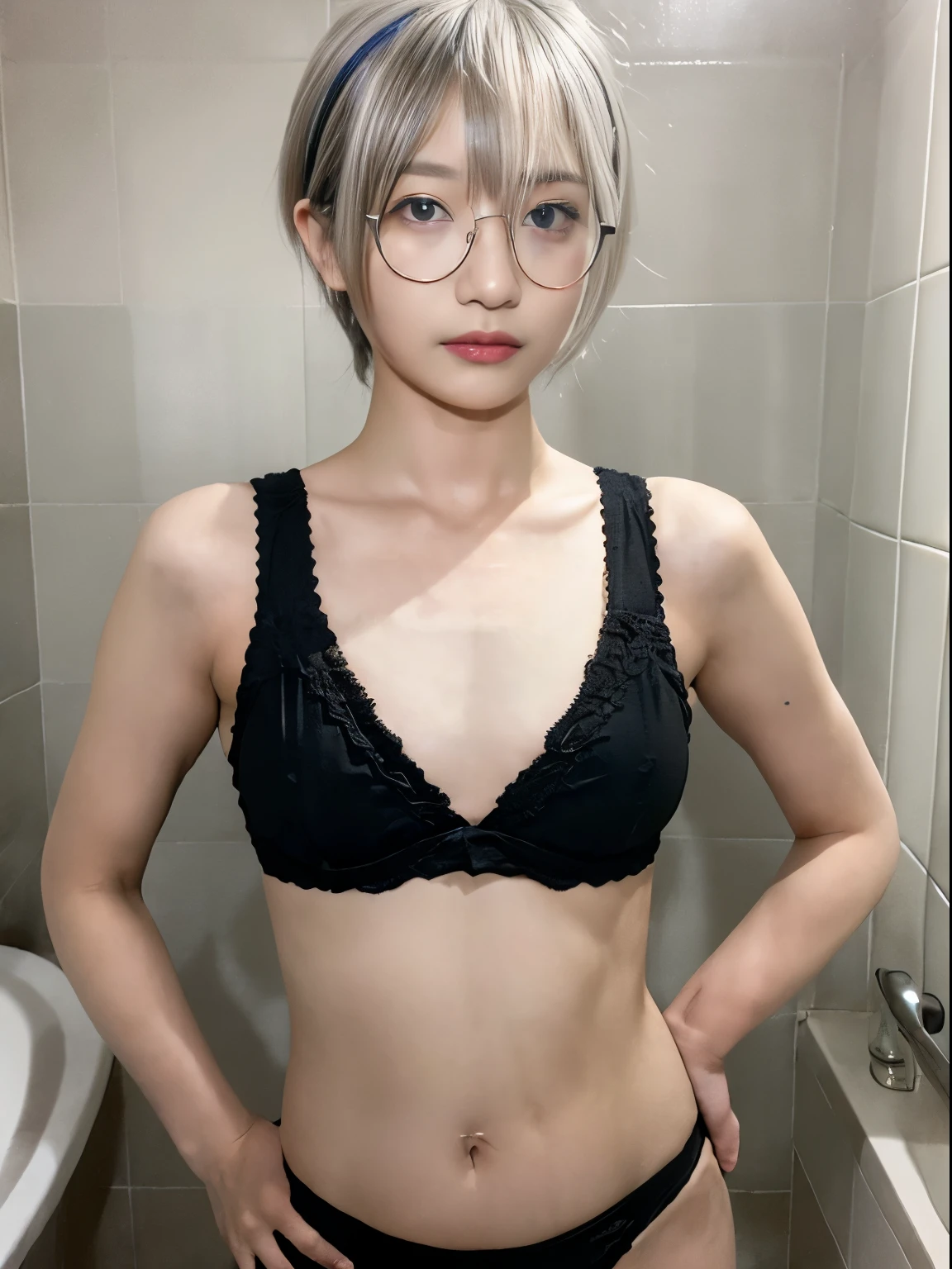 (top-quality), Realistic, (real picture, Intricate details), (((flat chest:1.5))), ((black small bra, black thong panties, see-through)), ((Japanese  girl standing in bath room, hands on hip)), sweaty skin, pale skin, (white hair, shorthair, pixie cut hairstyle), (glasses, seductive face, parted lips:1.3), thighs, armpit, shower, wet tile wall, hard lighting:1.3, front view shot