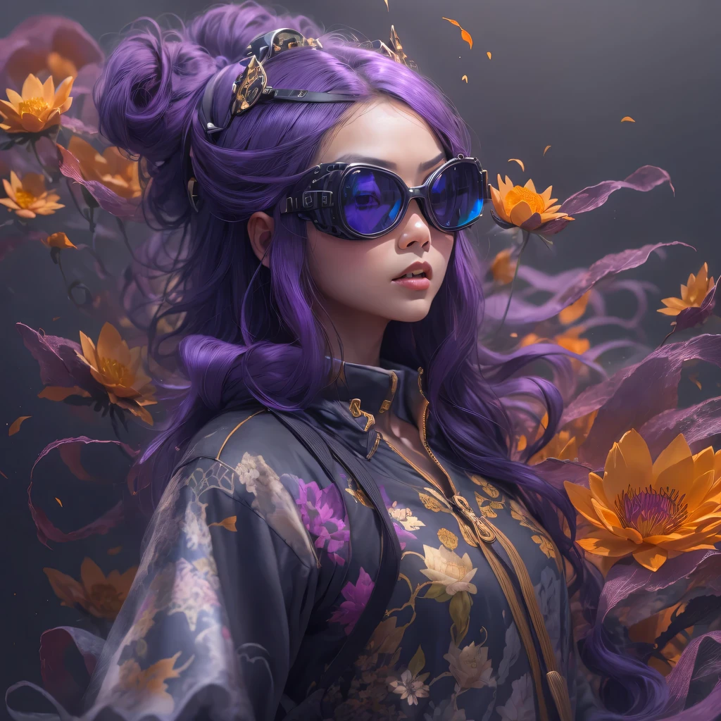 5679 Cyberpunk Year(masterpiece,HD,超HD,32k lotus root starch)Bright purple flowing hair,autumn pond, lotus root starch color, Asian (Michiko), (silk scarf), fighting stance, looking at the ground, Orange gradient long hair, ((Thick frame reflective jade windproof goggles))Floating bright purple, Fire cloud gold headdress, Chinese long-sleeved gold silk garment, (Abstract ink splash:1.2),mars background,lotus(realistically:1.4),bright purple hair,Smoke on the road,The background is very ivory、pure, high resolution, Detailed wind protection goggles, RAW photos lotus root starch, Sharp Re, Nikon D850 film photo by Jefferies Lee 4 Kodak Portra 400 camera F1.6 guns, rich and colorful, Super real、Vivid textures, dramatic lighting, Unreal Engine Art Station Trend, Silicon Nest 800