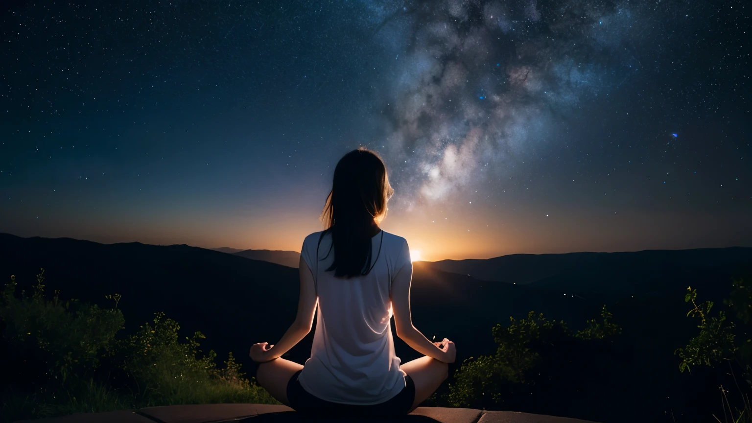 woman 1people Meditation Poses back view universe starry sky planet beautiful beautiful