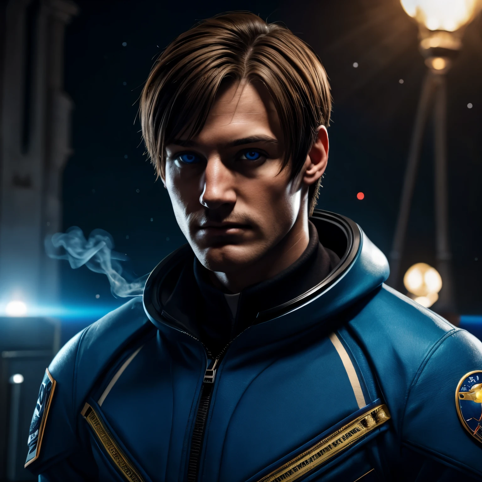 (((Leon Scott Kennedy))), undercucho Close Portrait of Elegant Person [undercucho] in bespoke MAN suit: tall muscular man, elegant, bright lights, highly detailed, soft and sharp focus, illustration, (High detail skin: 1.2), 8k UHD, DSLR, soft lighting, high quality, male model, (((1 MAN))) space uniform, space suit, space jacket, space overalls, techno-gothic background, cathedral, (((/LOOKING AT THE VIEWER/))), ((((Brown Hair, Short Hair, Extremely Short Hair))), (((Blue EYES))), Thousand yard stare, (upper body: 1.0), best quality, intricate details, detailed eyes, masterpiece, flashlight, smoke around him, MASTERPIECE, stars, dreary furniture in background