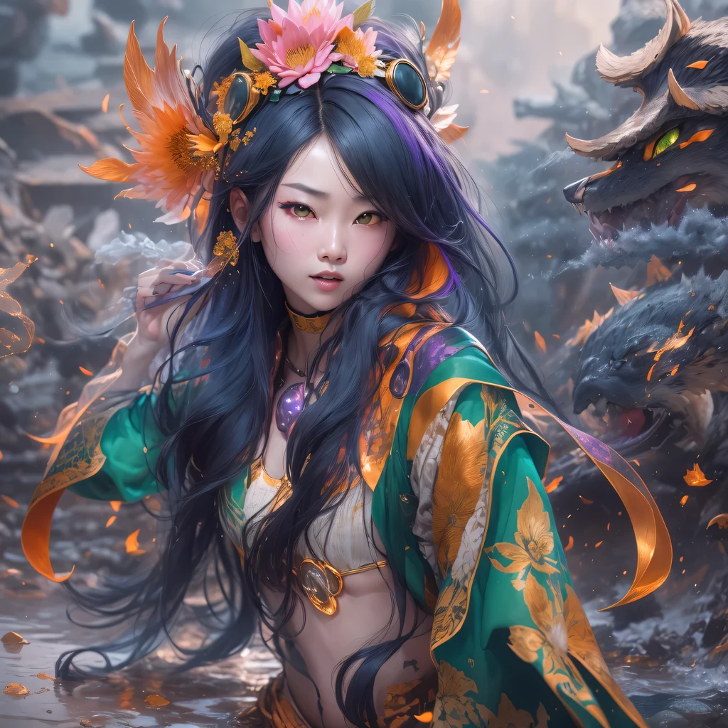 5679 Cyberpunk Year（masterpiece，HD，超HD，32k lotus root starch）Bright purple flowing hair，autumn pond， lotus root starch color， Asian （Michiko）， （silk scarf）， fighting stance， looking at the ground， Orange gradient long hair， ((Thick frame reflective jade windproof goggles))Floating bright purple， Fire cloud gold headdress， Chinese long-sleeved gold silk garment， （Abstract ink splash：1.2），mars background，lotus（realistically：1.4），bright purple hair，Smoke on the road，The background is very ivory、pure， high resolution， Detailed wind protection goggles， RAW photos lotus root starch， Sharp Re， Nikon D850 film photo by Jefferies Lee 4 Kodak Portra 400 camera F1.6 guns, rich and colorful, Super real、Vivid textures, dramatic lighting, Unreal Engine Art Station Trend, Silicon Nest 800