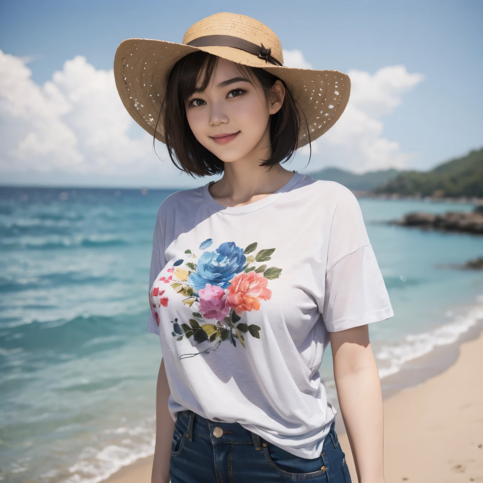 158
(Shorthair:1.46), (a 20 yo woman, standing), (A hyper-realistic), (Masterpiece), (8KUHD), (gentle smile), Slender waist, Wearing jeans, ((Floral Clothing - T-Shirts)), Wearing long pants, (abstract painting), (splash on the beach), (breasts:1.3), (口紅), panama hat