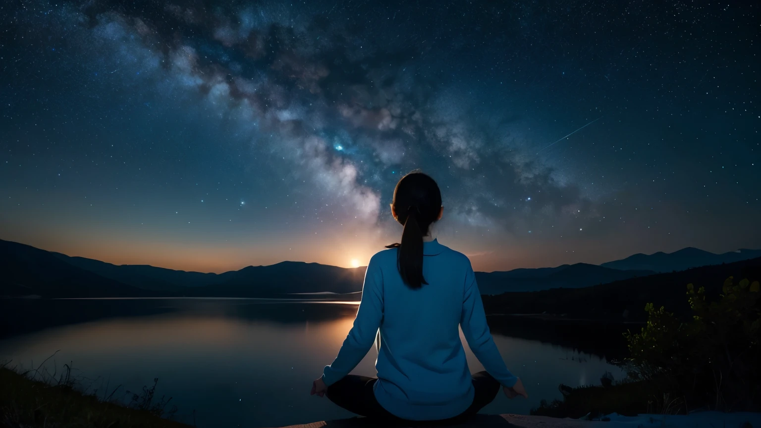 woman 1people Meditation Poses back view universe starry sky planet beautiful beautiful