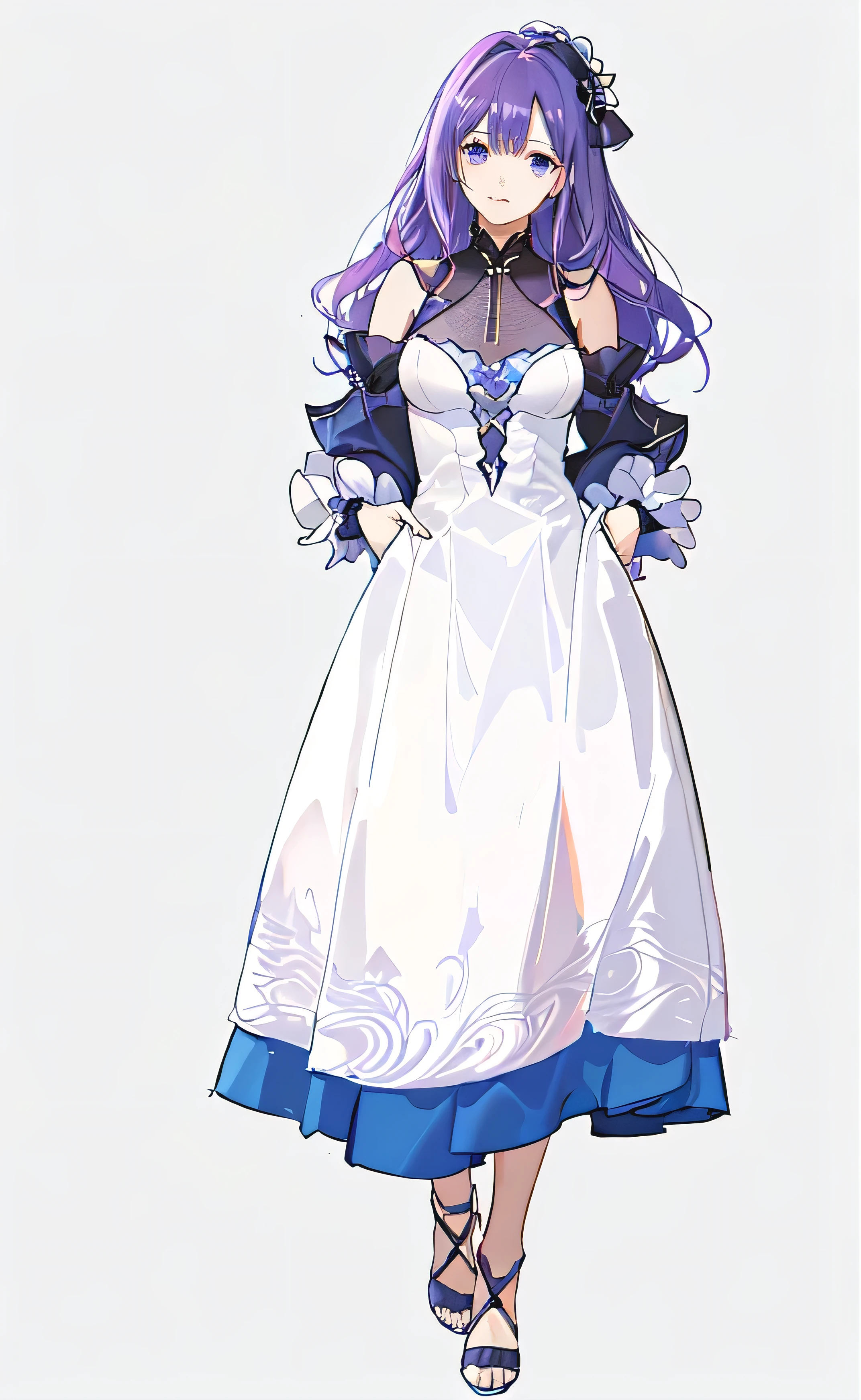 anime style、reddish purple hair、droopy blue eyes、The bangs are cut and the back is wavy...。The costume is a chic light blue dress...、Gorgeous and neat atmosphere。