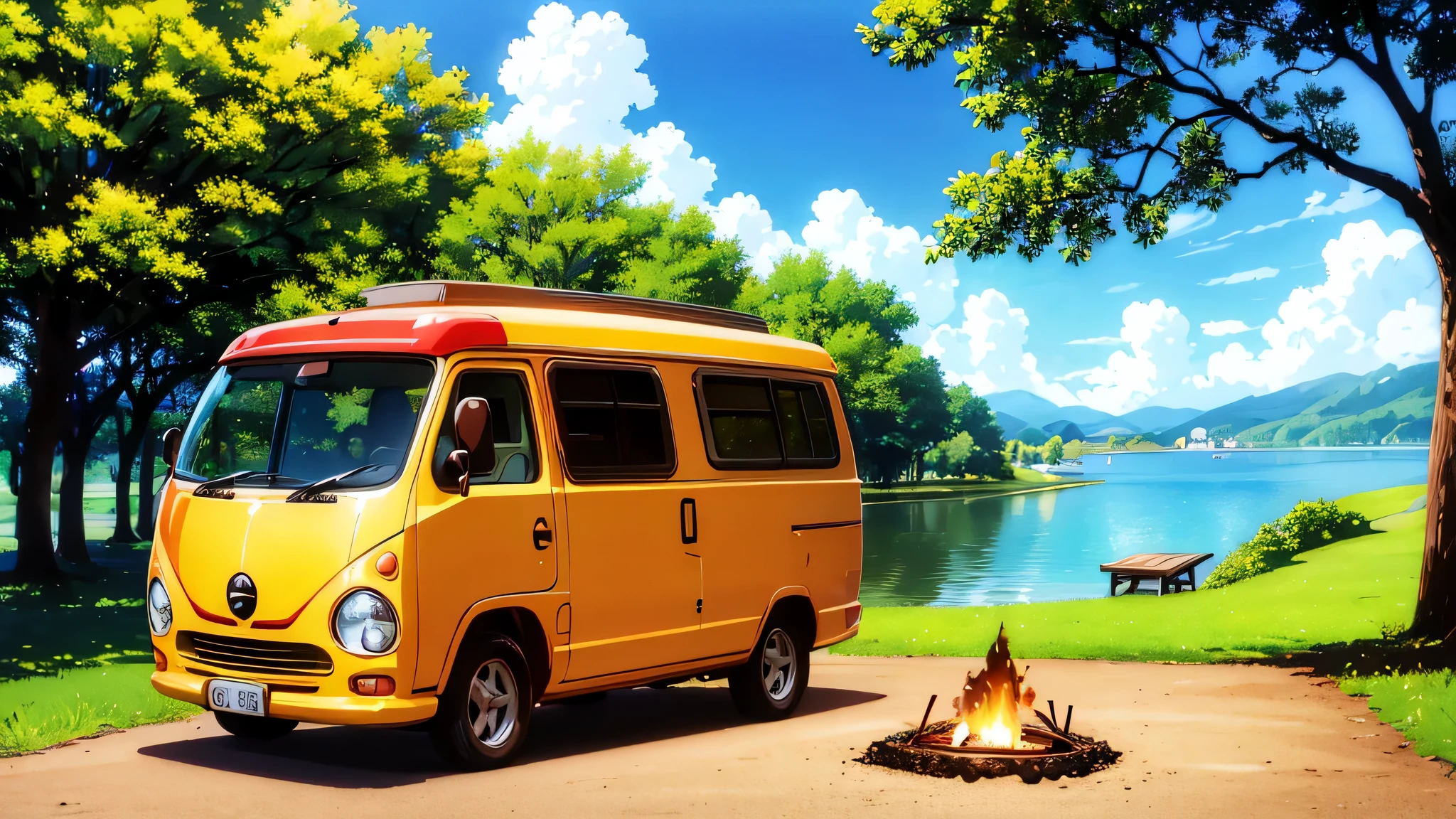 anime, cute dog puppy, camper, sunny day, countryside, Studio Ghibli style, relax, lofi, dreamy, cozy, coffee, BBQ, lakefront, campfire